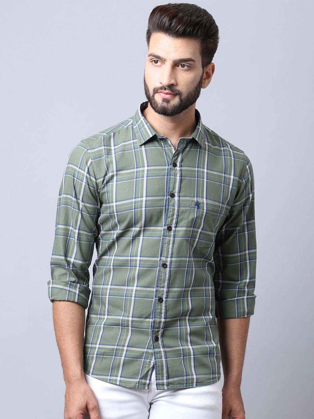 

Cantabil Men Olive Green Checked Casual Cotton Shirt