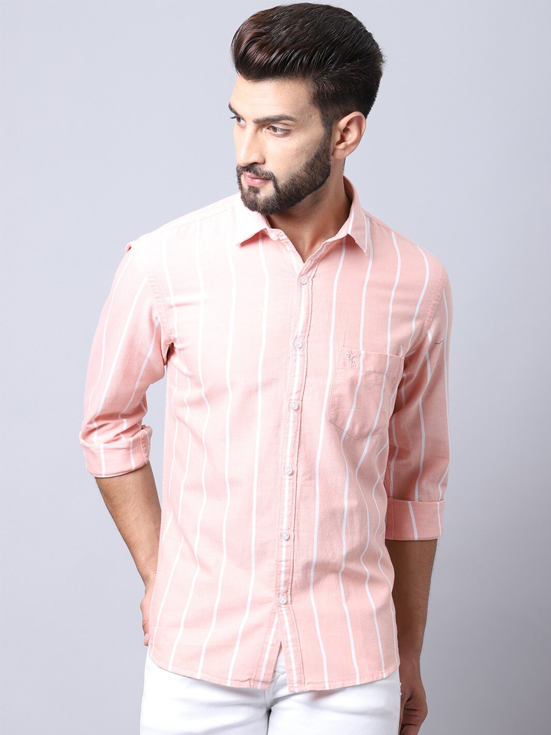 

Cantabil Men Orange Striped Casual Shirt