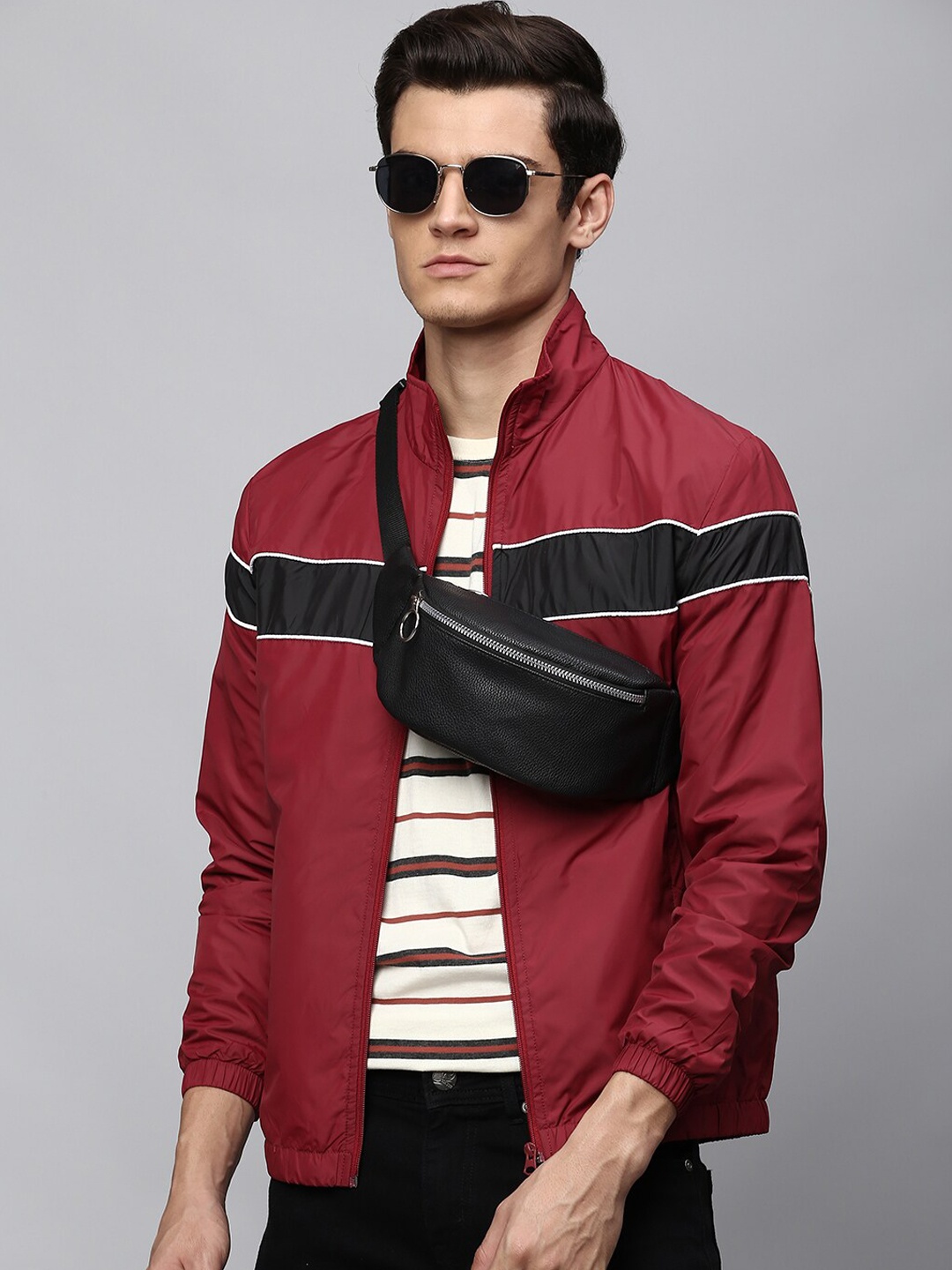 

High Star Men Maroon Black Colourblocked Open Front Jacket