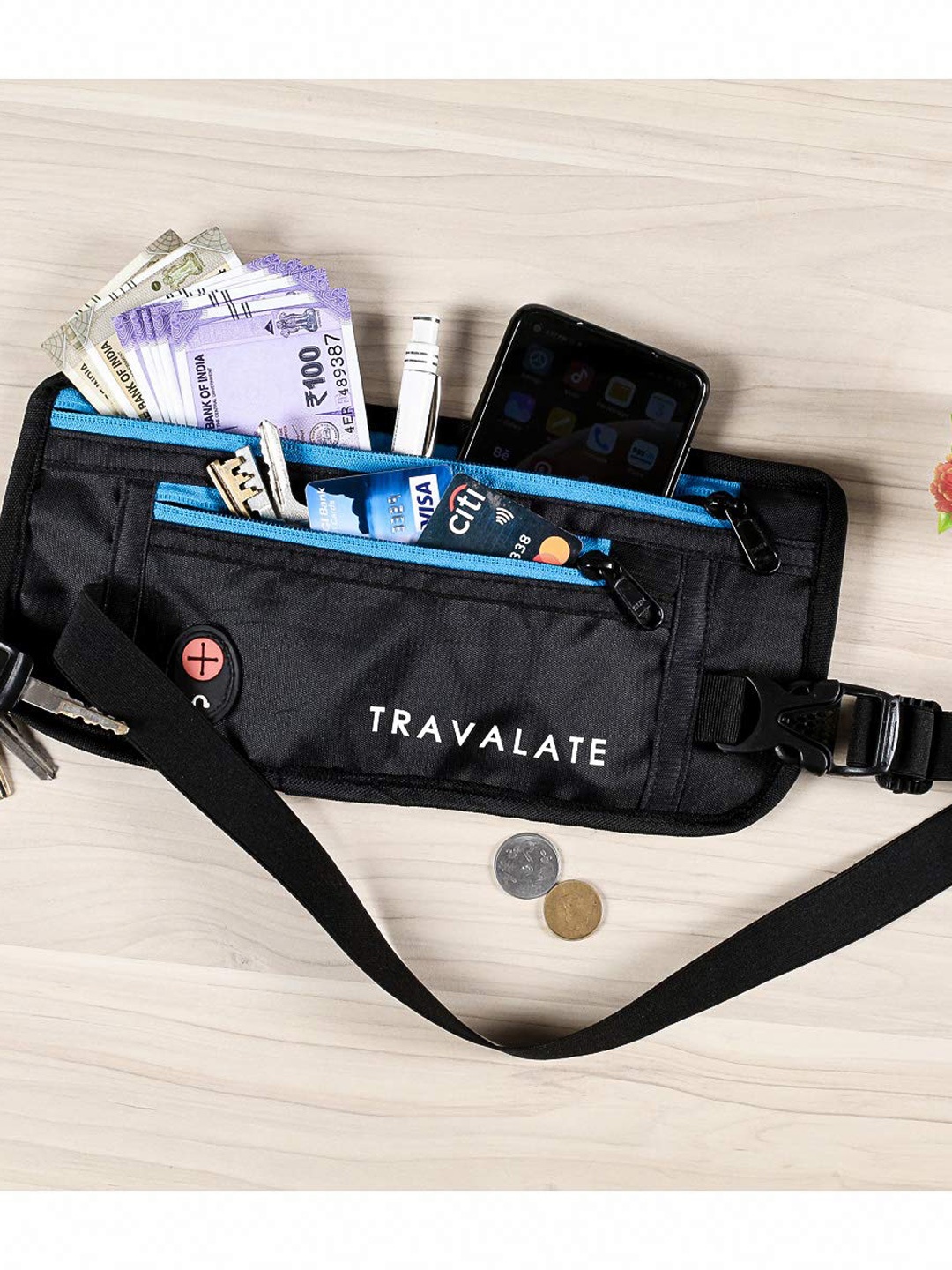 

TRAVALATE Black & Blue Textured Waist Pouch Bag