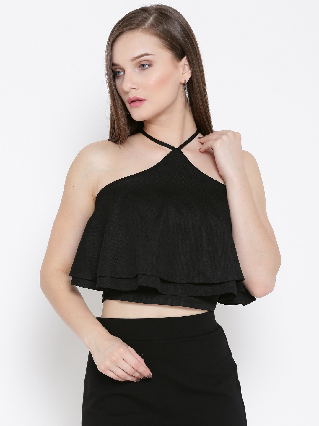 

Veni Vidi Vici Women Black Solid Layered One Shoulder Crop Top