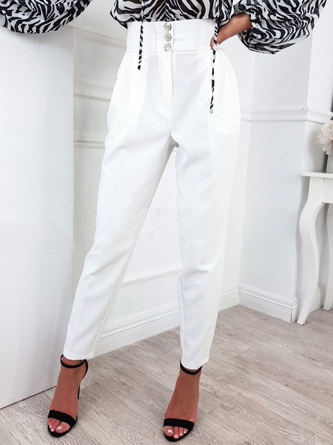 

La Aimee Women White High-Rise Cotton Trousers