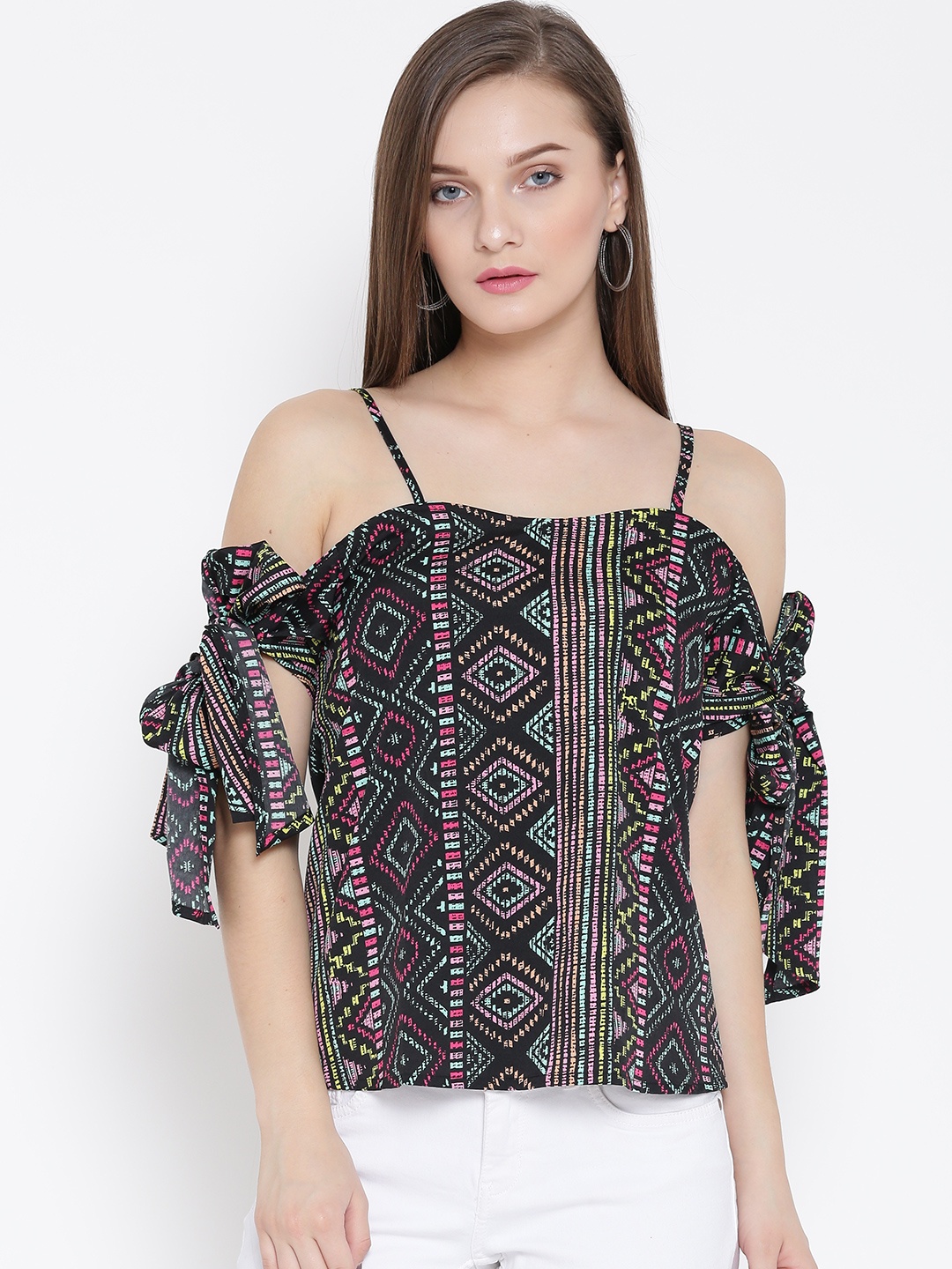 

Veni Vidi Vici Women Black & Pink Printed Bardot Top