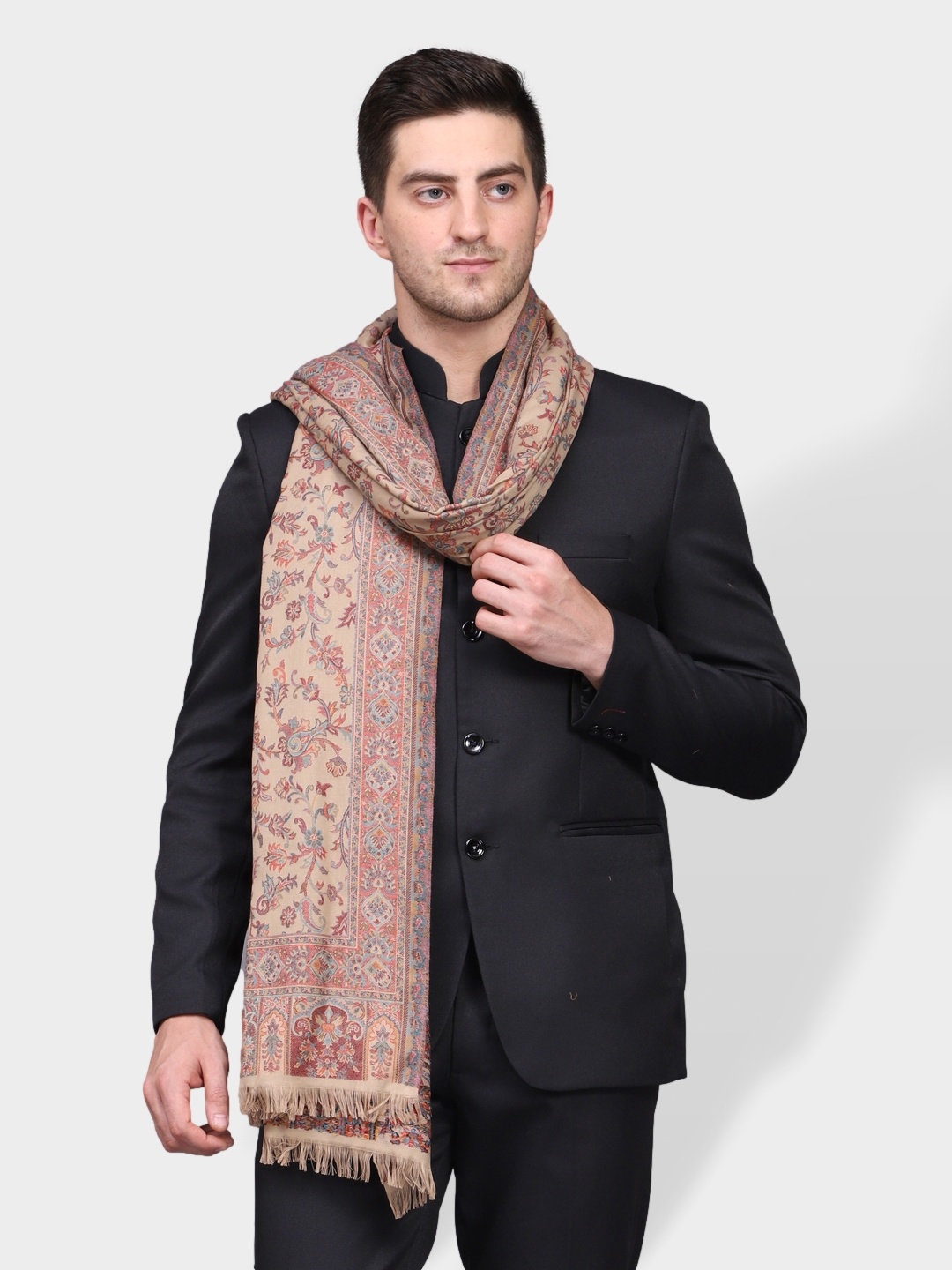 

WEAVERS VILLA Men Beige Woven-Design Woolen Shawl