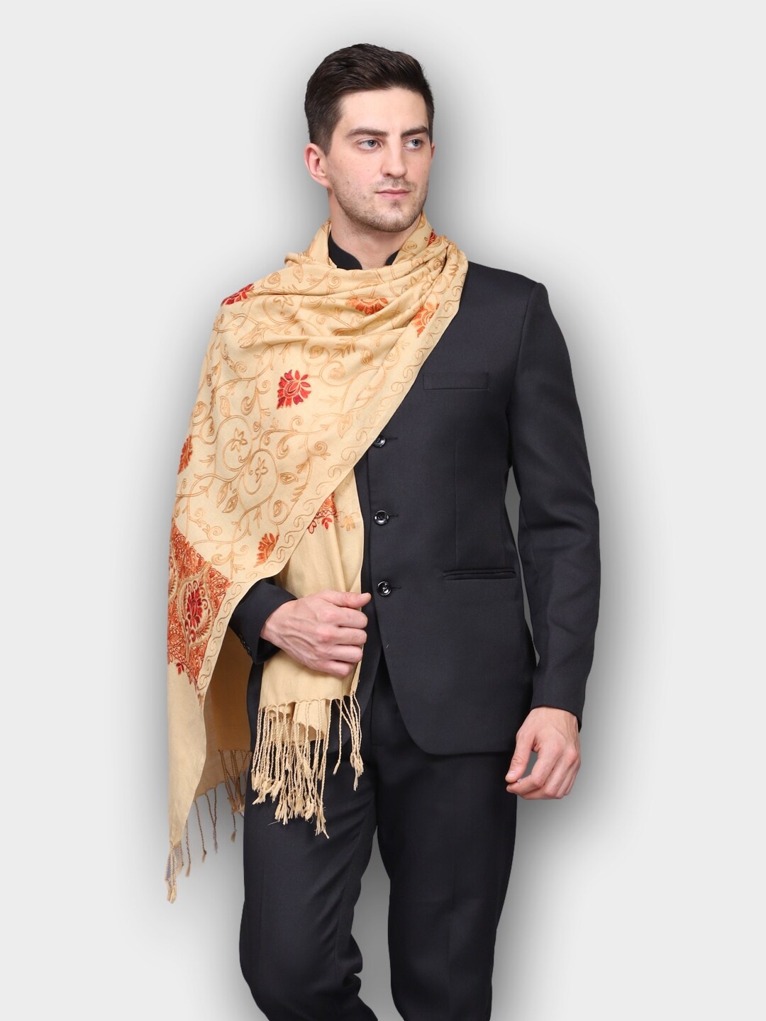 

WEAVERS VILLA Men Beige & Orange Embroidered Stole