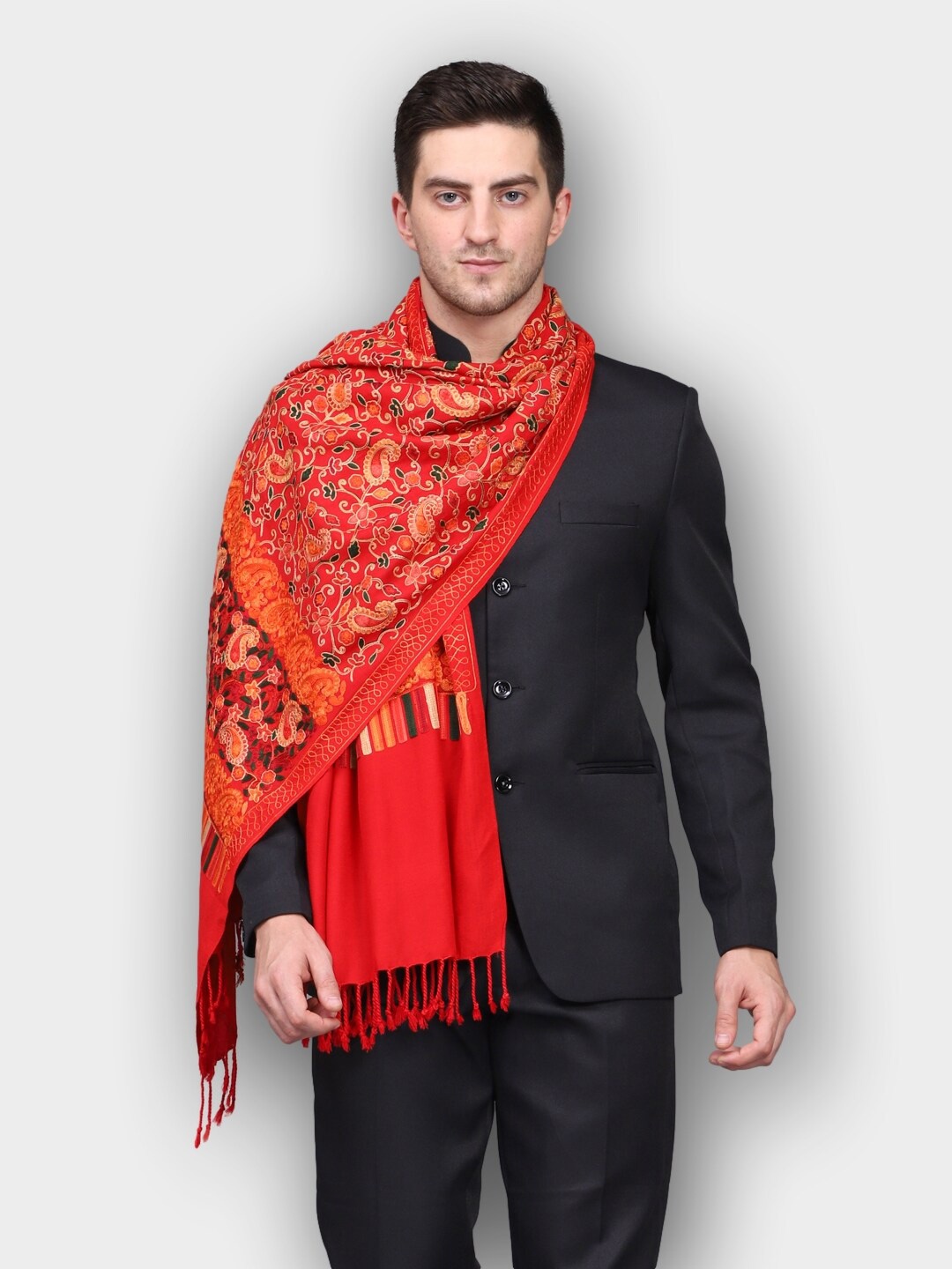 

WEAVERS VILLA Men Red & Orange Embroidered Stole