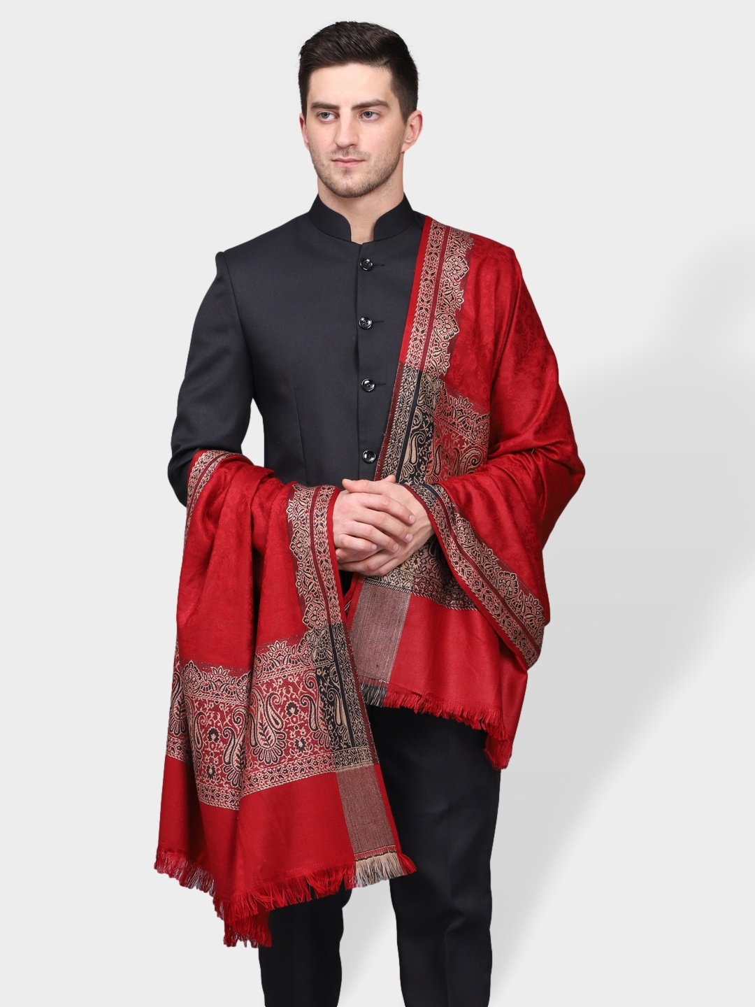 

WEAVERS VILLA Men Maroon Woven Design Knitted Shawl