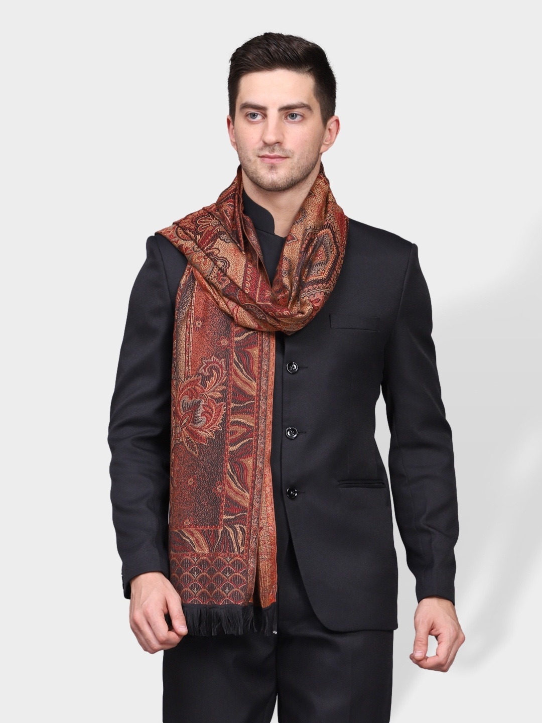 

WEAVERS VILLA Men Black Woven Printed Frayed Border Shawl