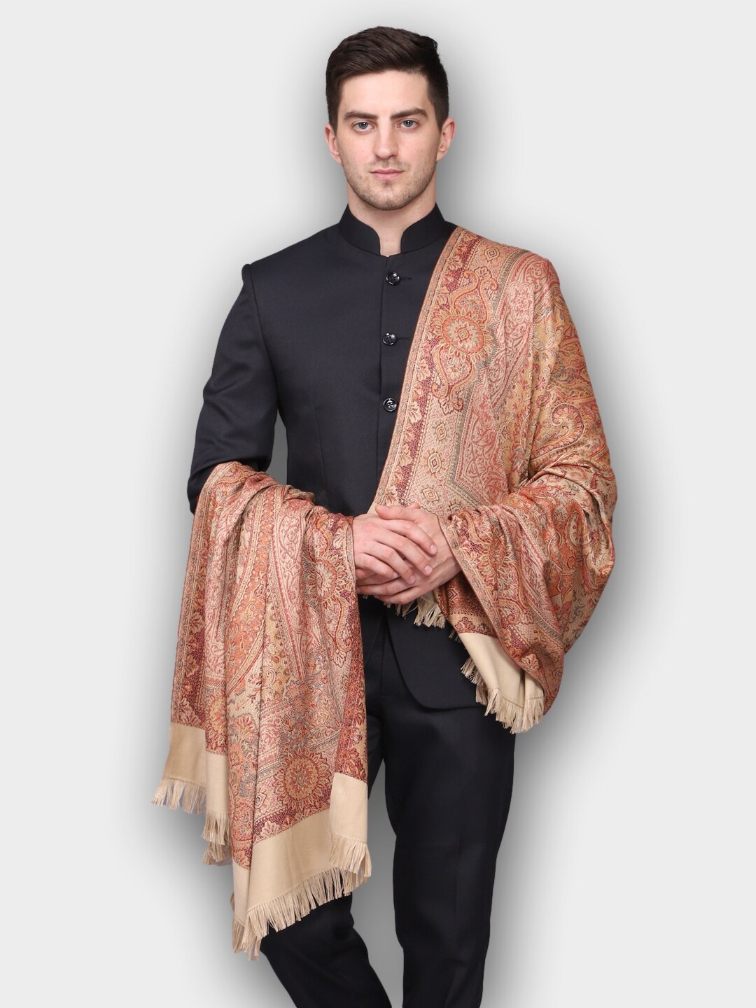 

WEAVERS VILLA Men Beige Colored Woven Design Woolen Shawl