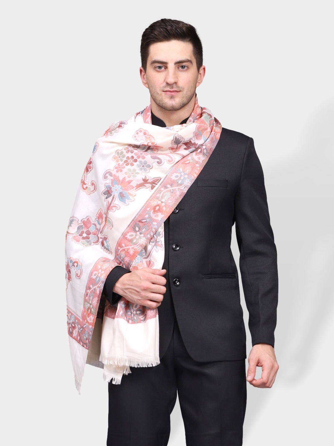 

WEAVERS VILLA Men White Woven Design Floral Patterned Shawl