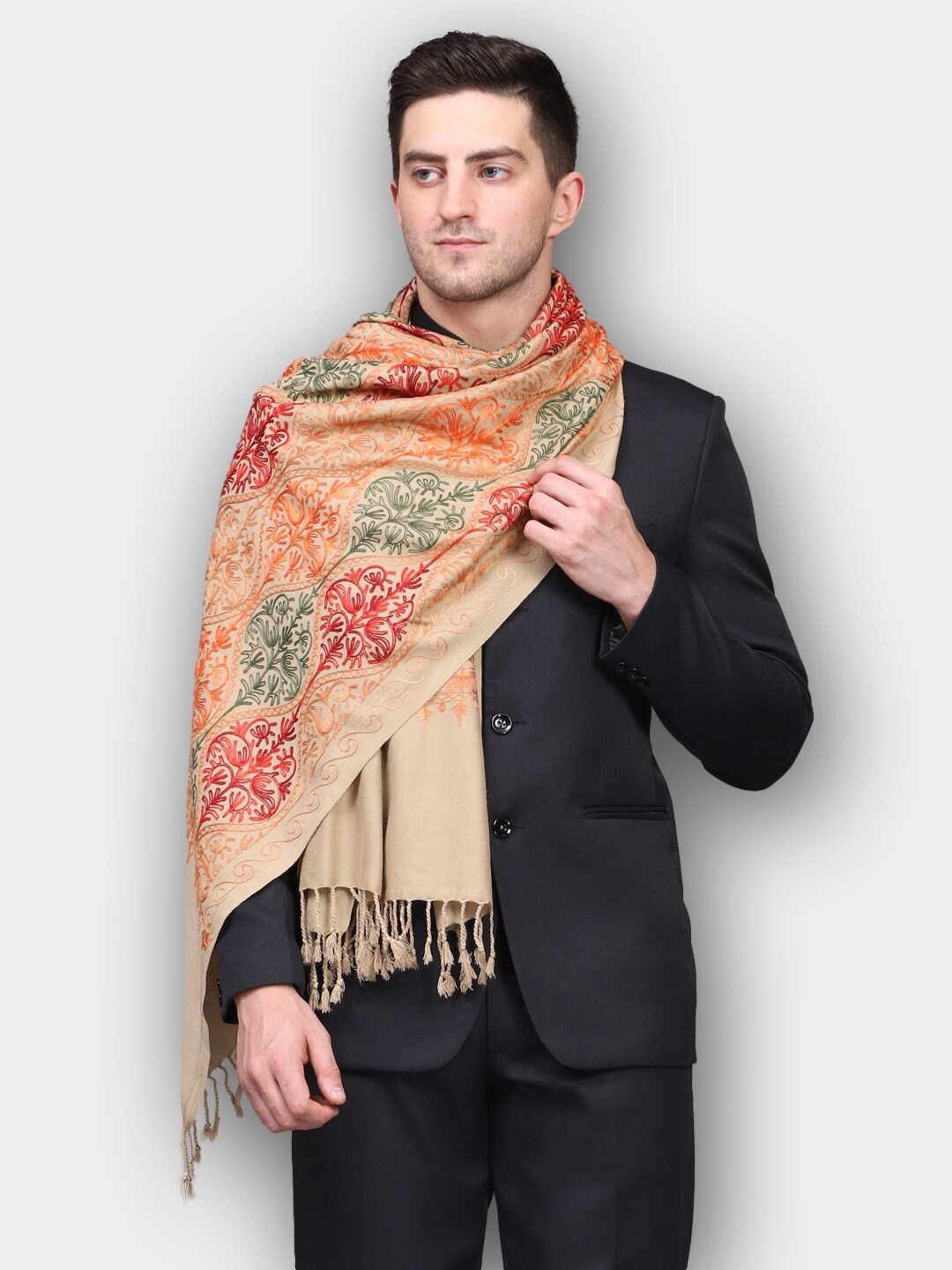 

WEAVERS VILLA Men Beige & Red Embroidered Stole