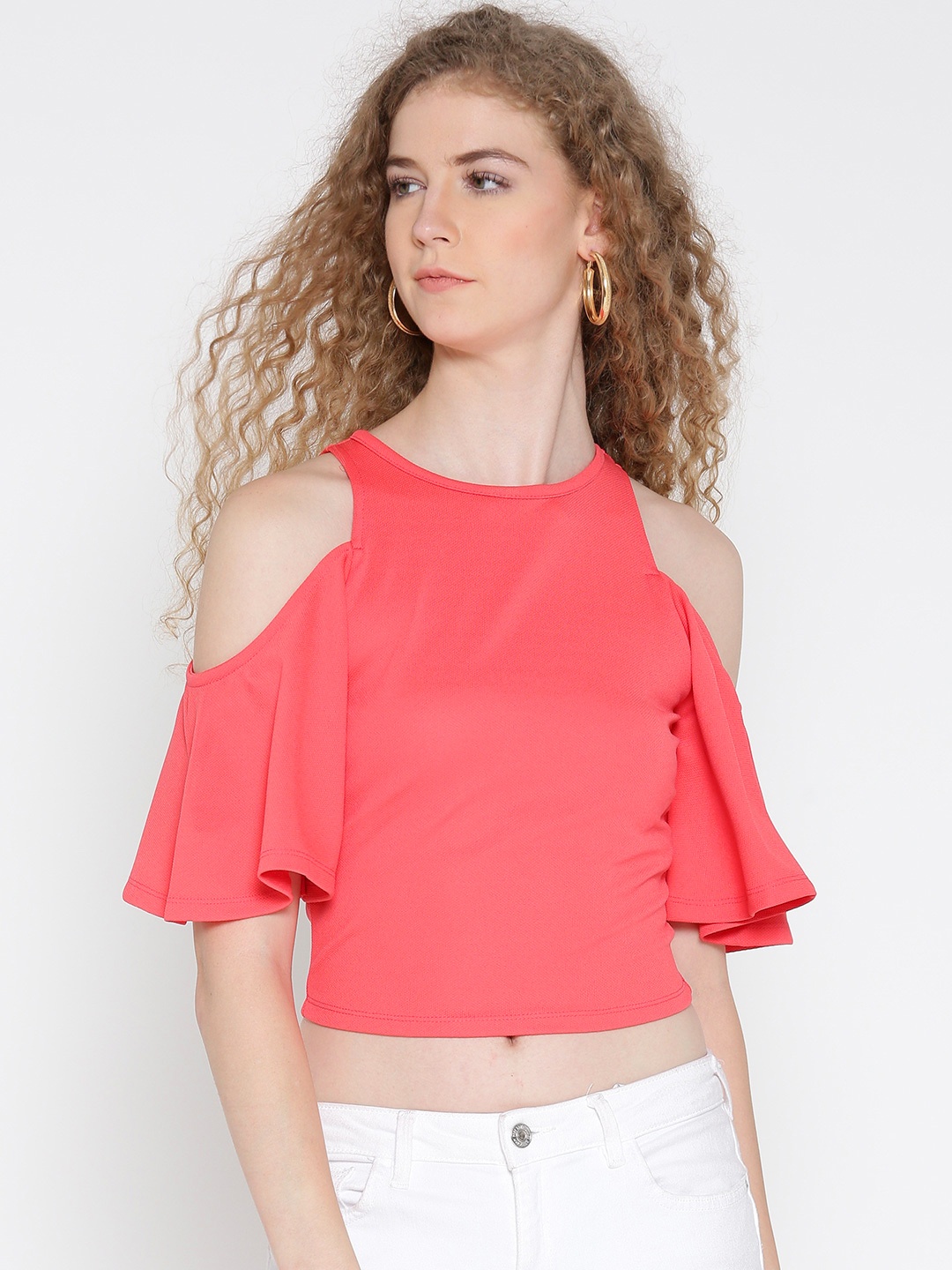 

Veni Vidi Vici Women Coral Pink Solid Fitted Crop Top