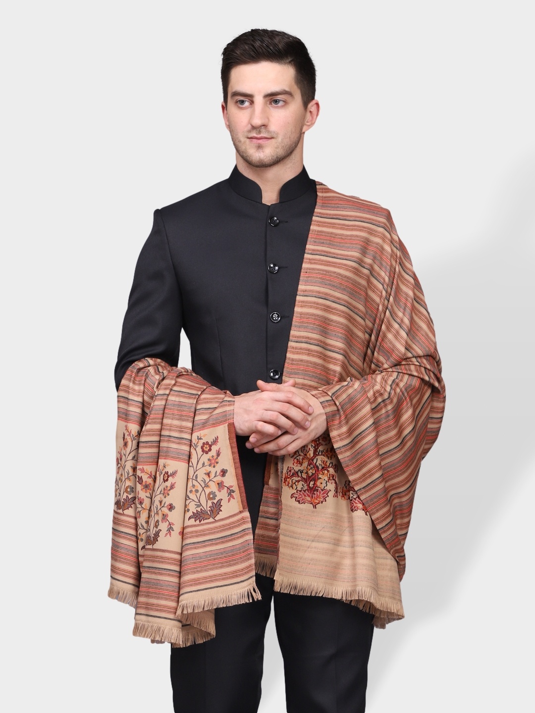 

WEAVERS VILLA Men Beige Striped Woven Design Shawl
