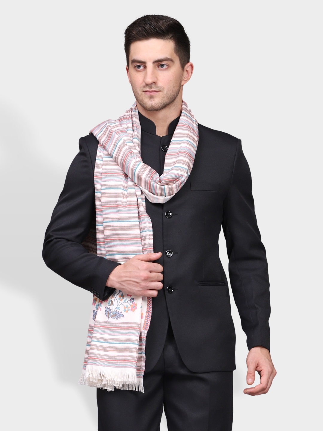 

WEAVERS VILLA Men White Woven Design Shawl