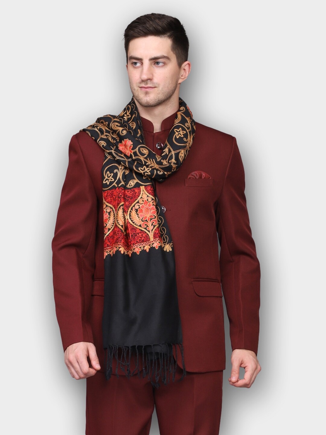 

WEAVERS VILLA Men Black & Red Embroidered Stole