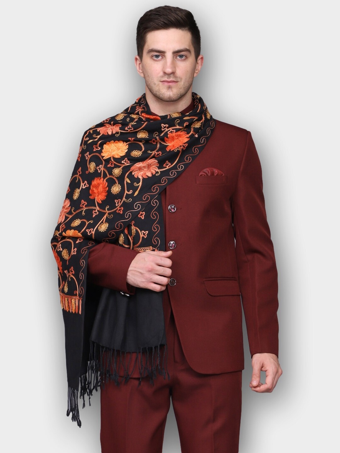 

WEAVERS VILLA Men Black & Peach-Coloured Embroidered Stole