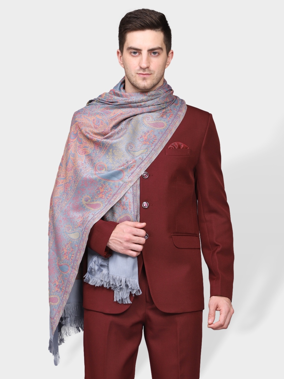 

WEAVERS VILLA Men Grey Woven Design Wool Shawl