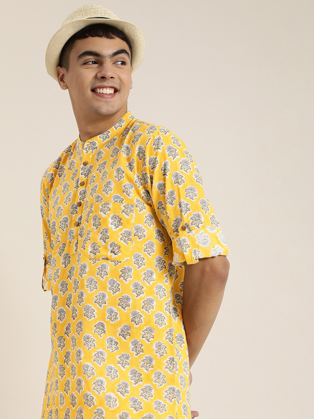 

Taavi Men Yellow & Grey Ethnic Motifs Printed Block Print Kurta