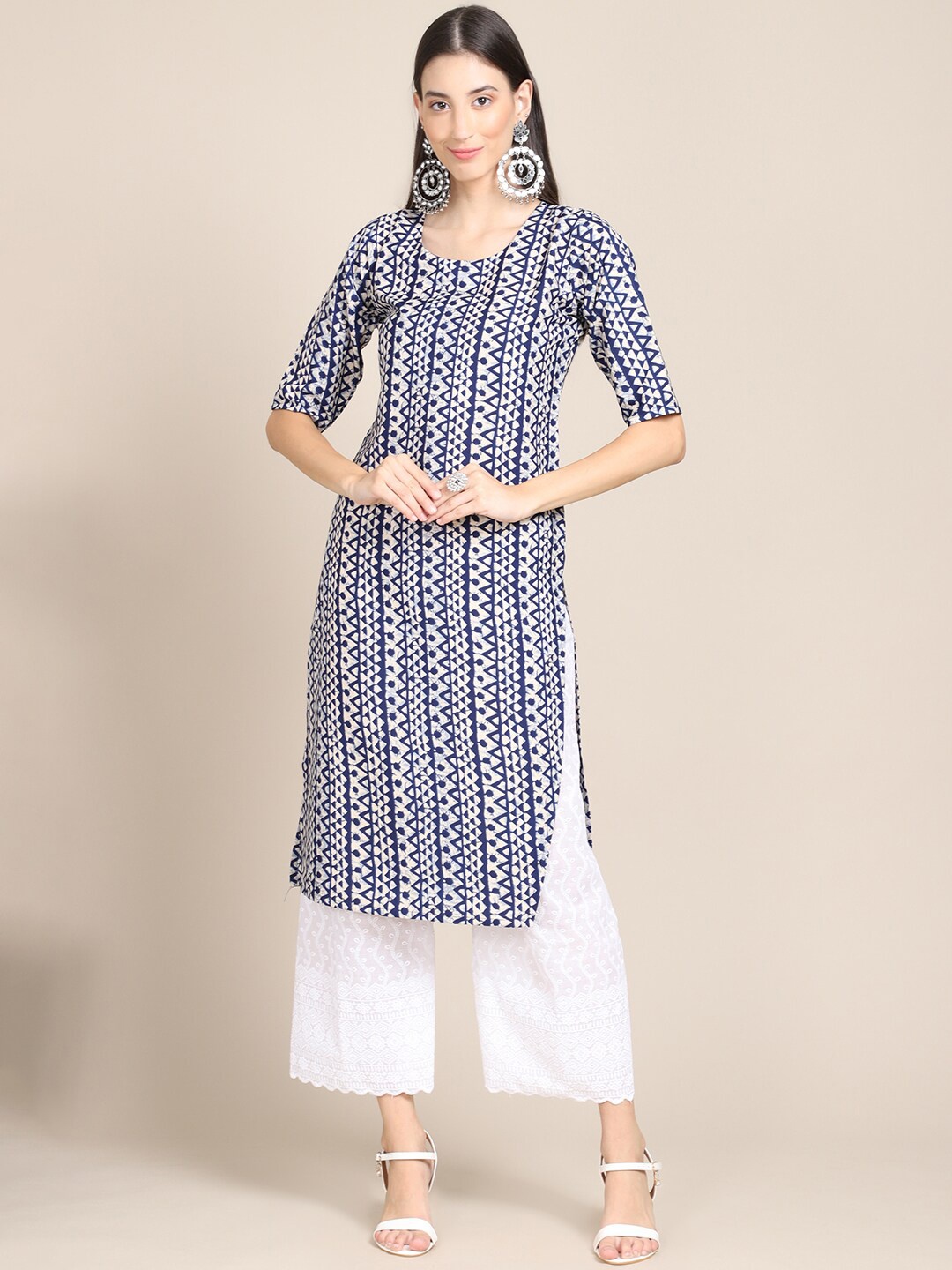 

7Threads Women Blue & White Geometric Printed Crepe Kurta