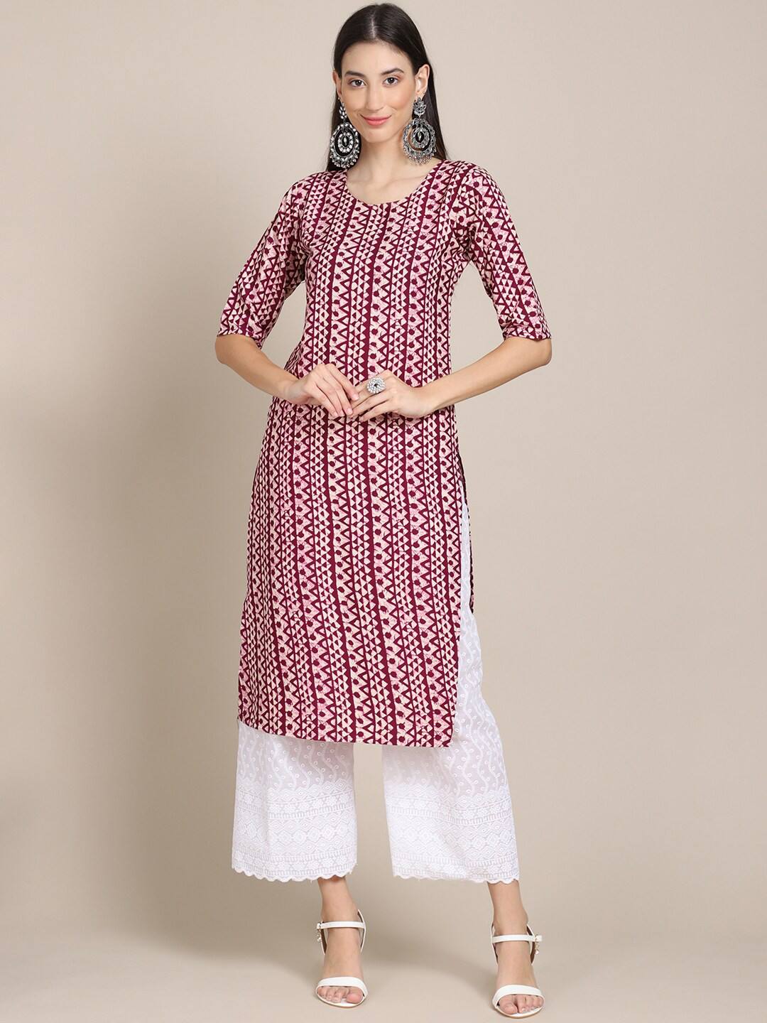 

7Threads Women Magenta & White Geometric Printed Crepe Kurta