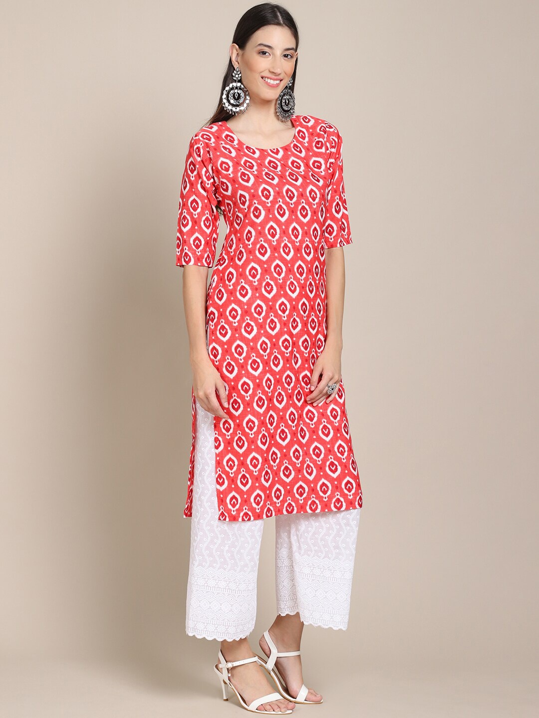 

7Threads Women Red & White Geometric Printed Crepe Kurta