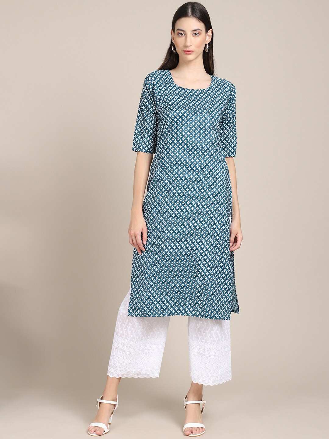 

7Threads Women Blue & White Geometric Printed Crepe Kurta