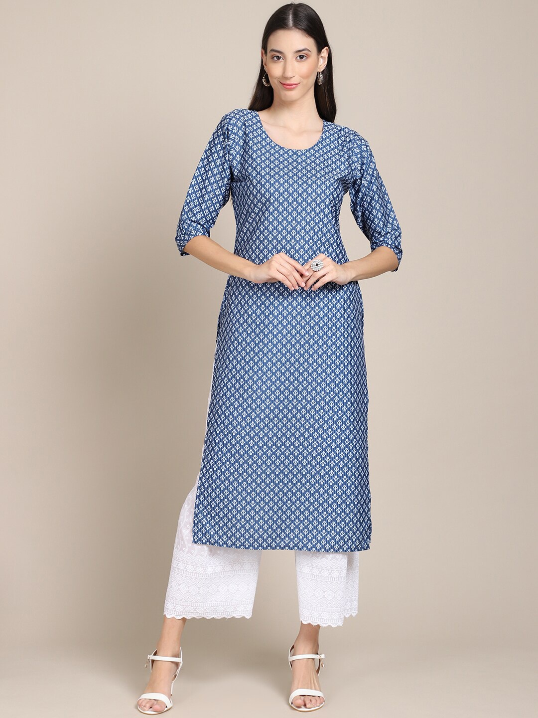 

7Threads Women Blue & White Ethnic Motifs Checked Crepe Kurta
