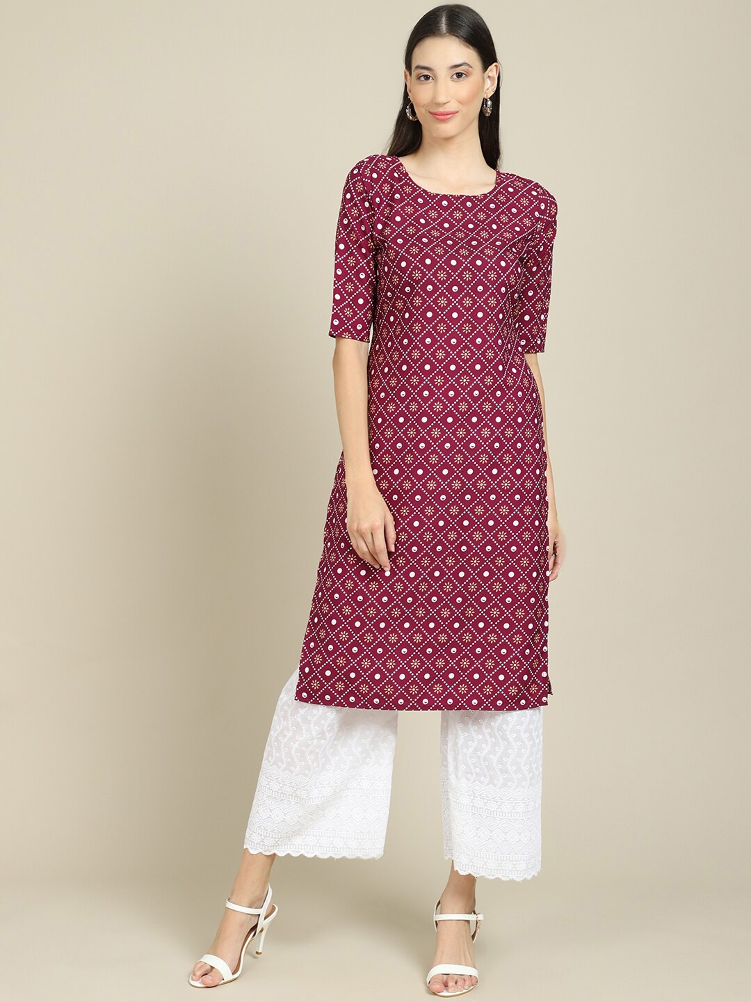 

7Threads Women Maroon & White Ethnic Motifs Printed Crepe Kurta