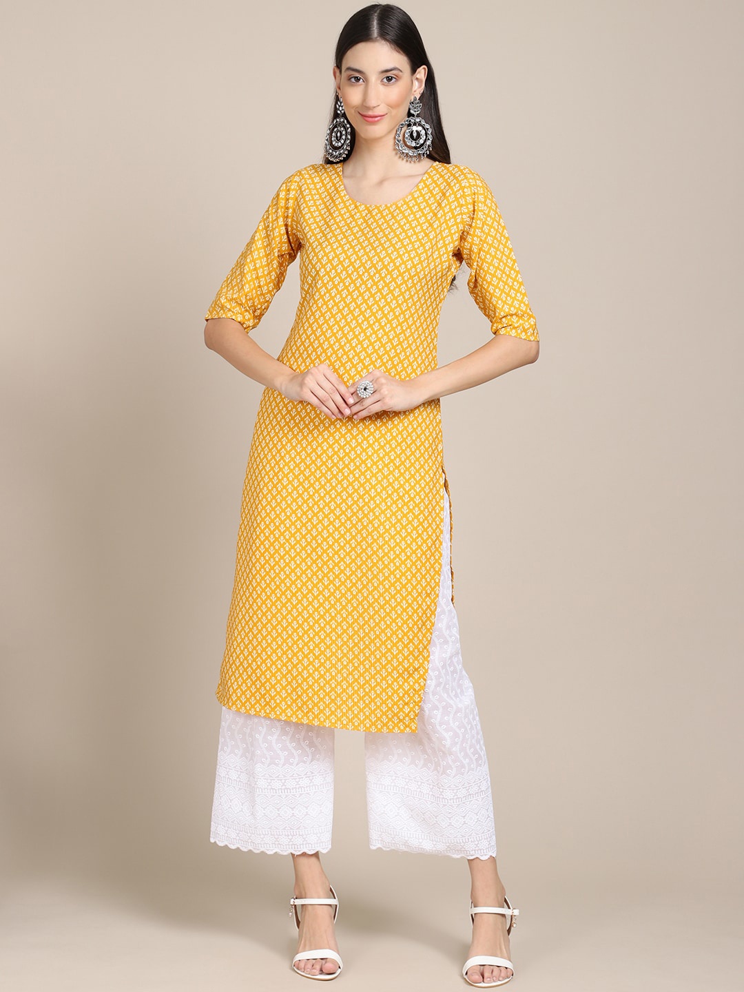 

7Threads Women Yellow Ethnic Motifs Printed Crepe Kurta