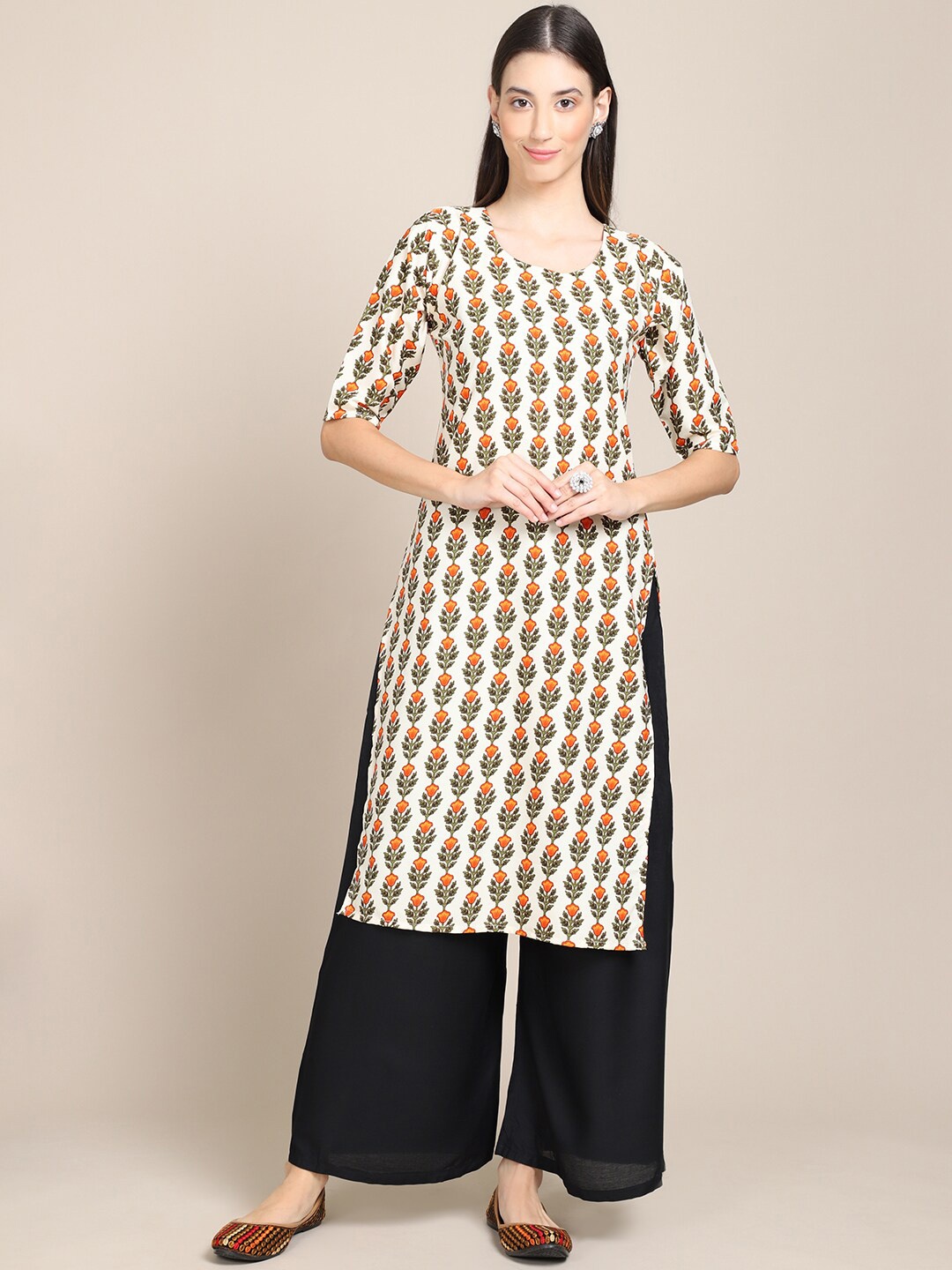 

7Threads Women White & Green Ethnic Motifs Printed Crepe Kurta