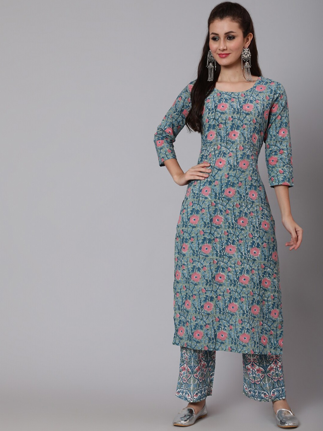 

GLAM ROOTS Women Green Floral Printed Cotton Kurta with Trousers