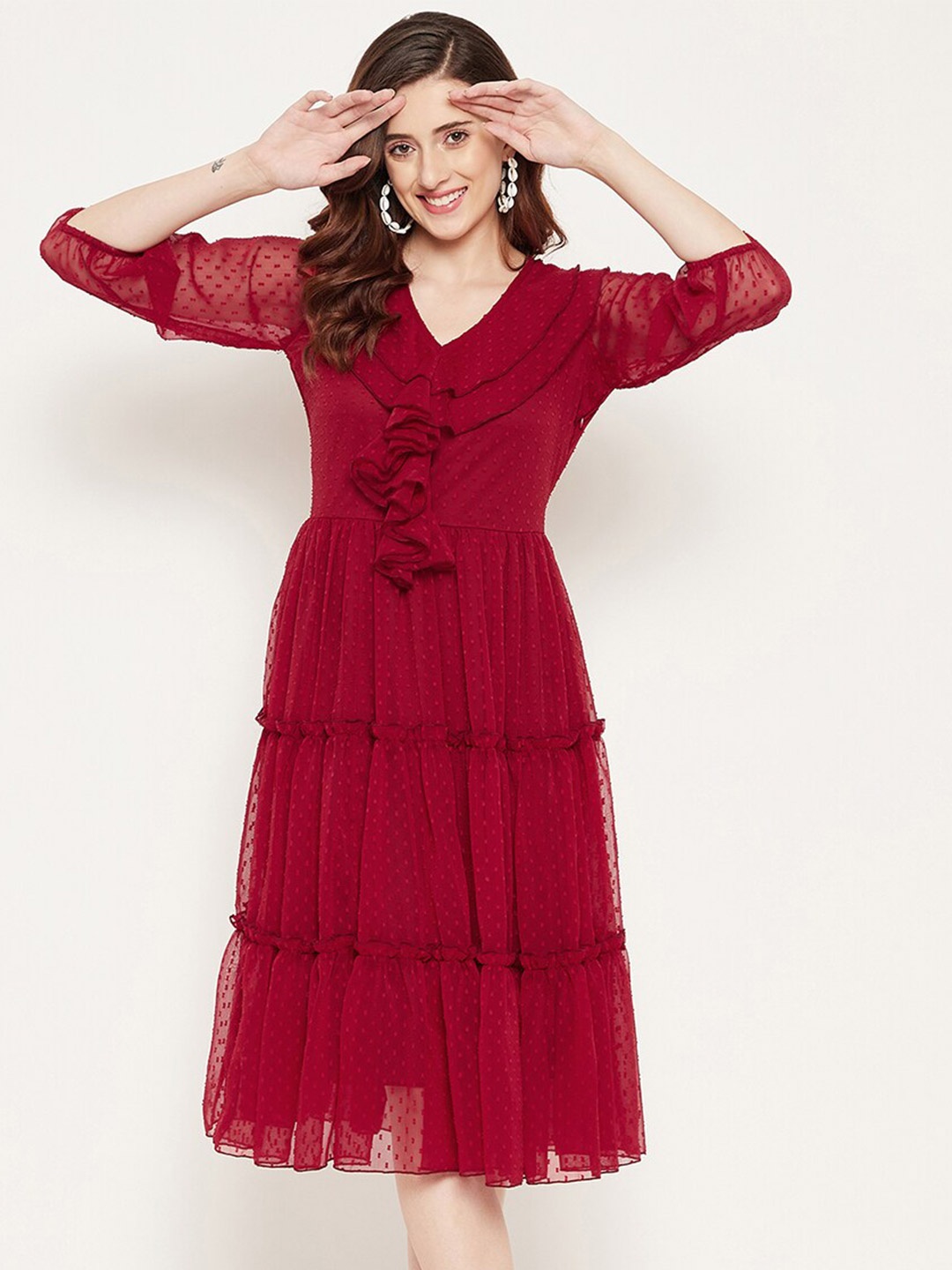 

Bitterlime Georgette Midi A-Line Dress, Red