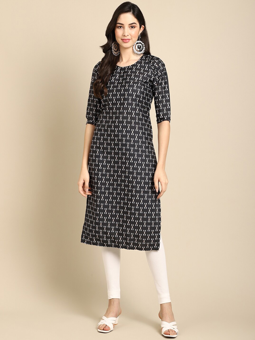 

7Threads Women Black Geometric Checked Keyhole Neck Summer Sheers Crepe Kurta