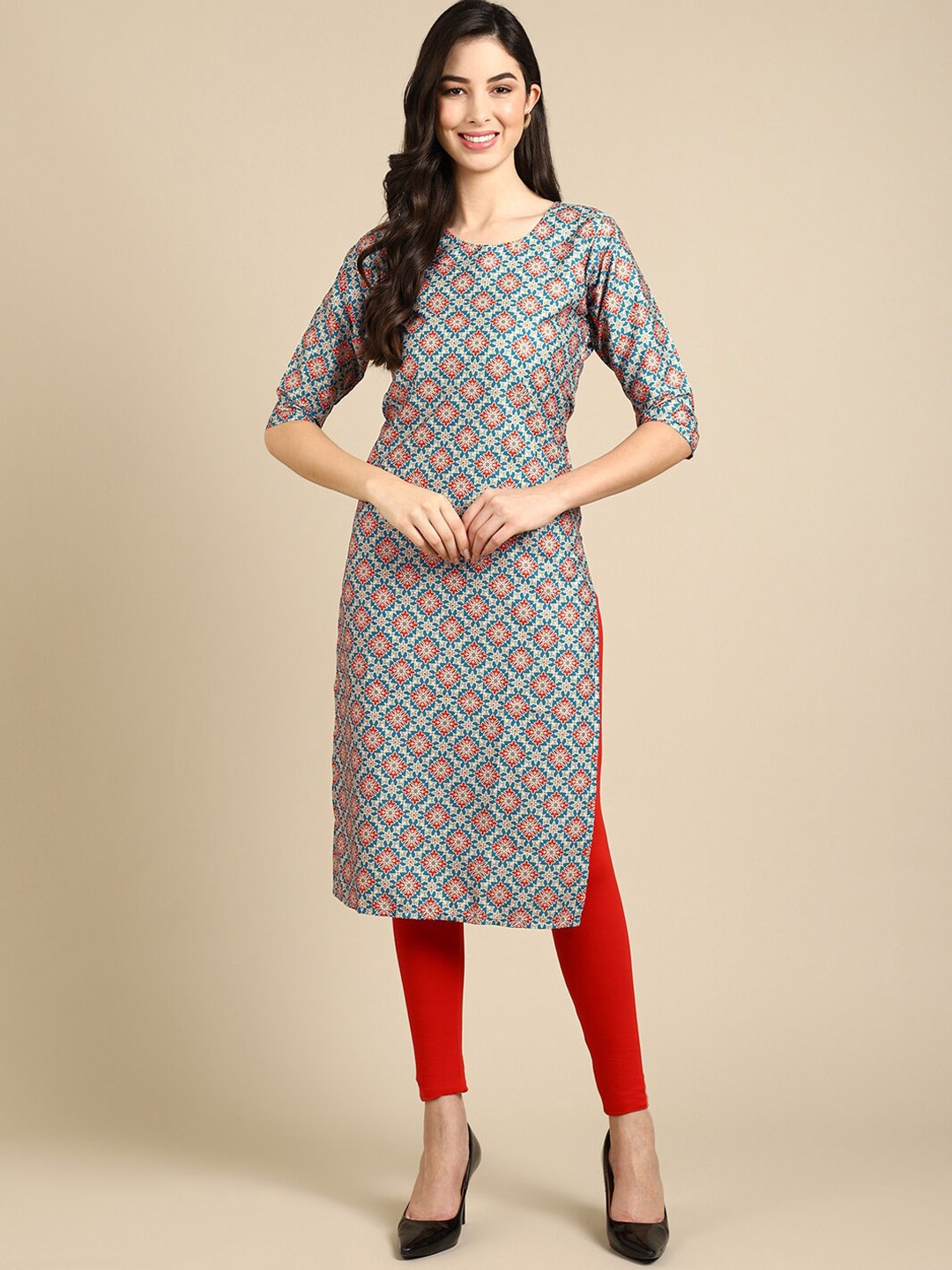 

7Threads Women Multicoloured Geometric Printed Summer Sheers Crepe Kurta, Multi