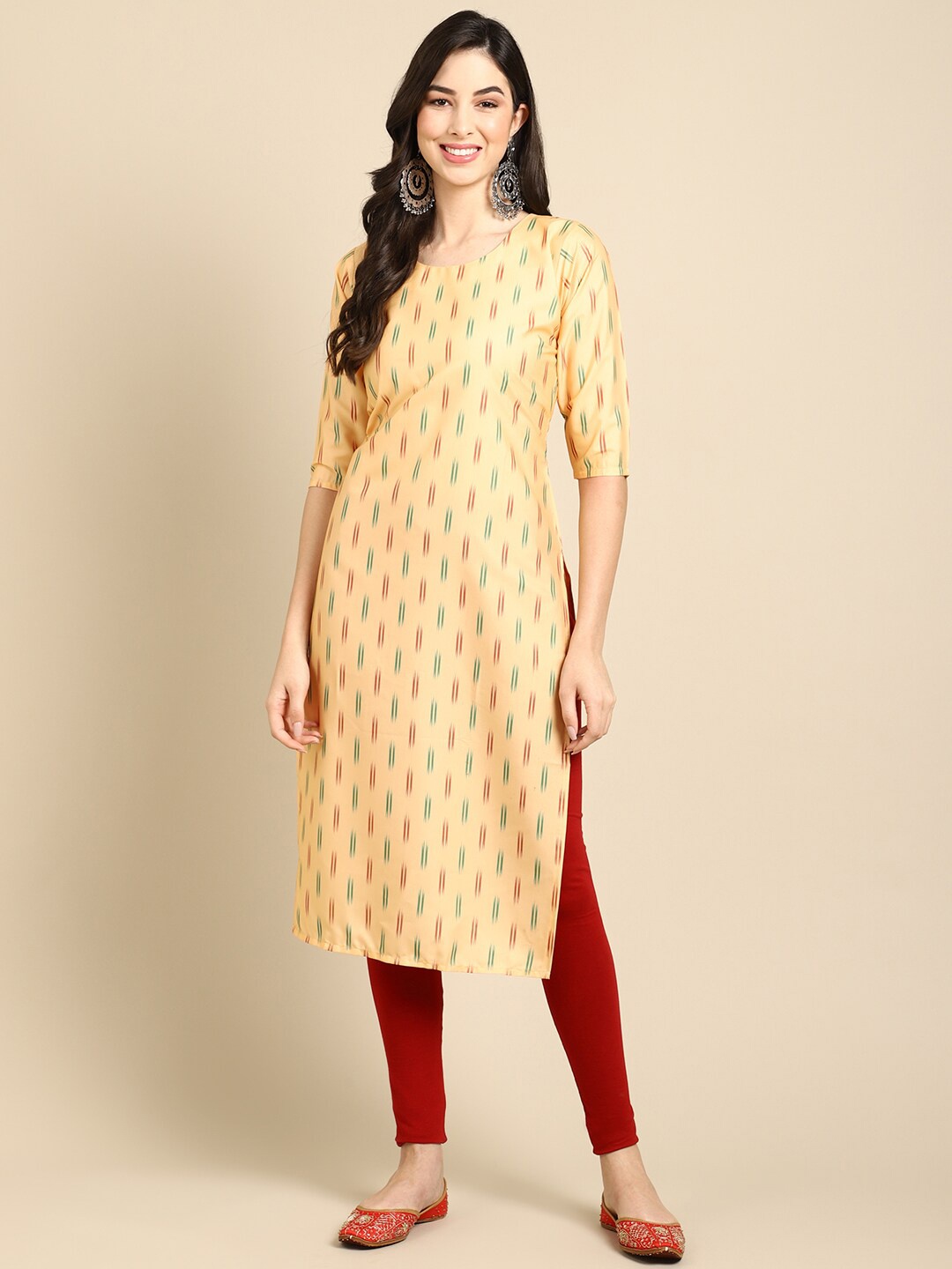 

7Threads Women Cream-Coloured Striped Keyhole Neck Summer Sheers Crepe Kurta