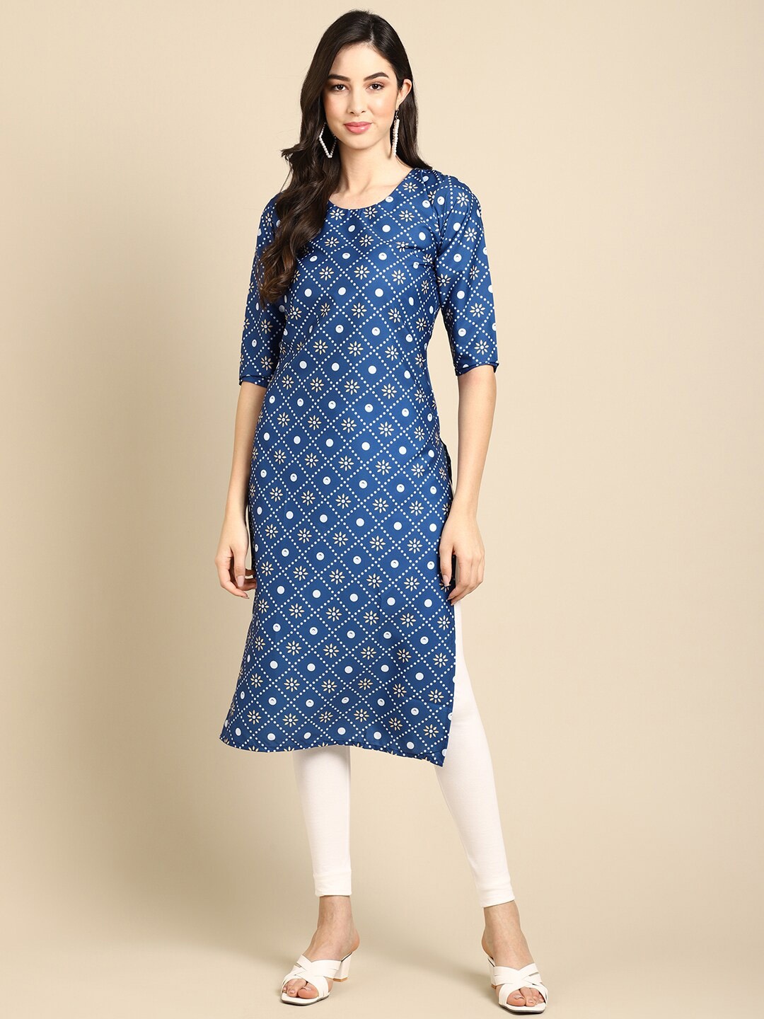 

7Threads Women Blue Geometric Printed Keyhole Neck Summer Sheers Crepe Kurta