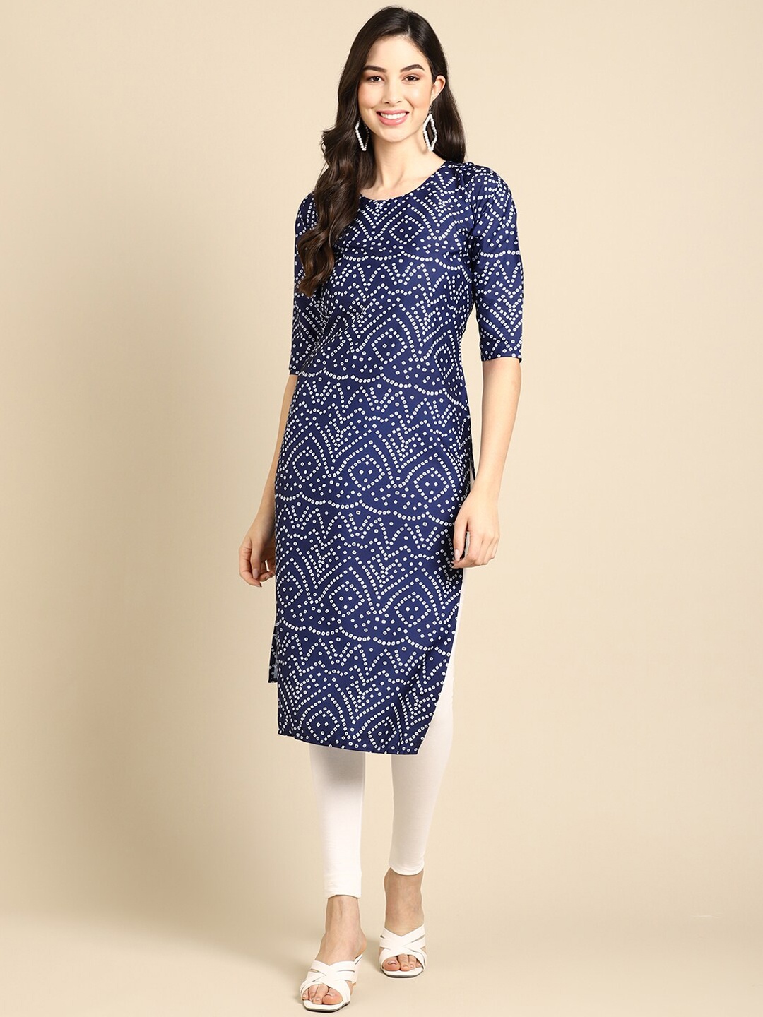 

7Threads Women Blue Geometric Printed Summer Sheers Crepe Kurta