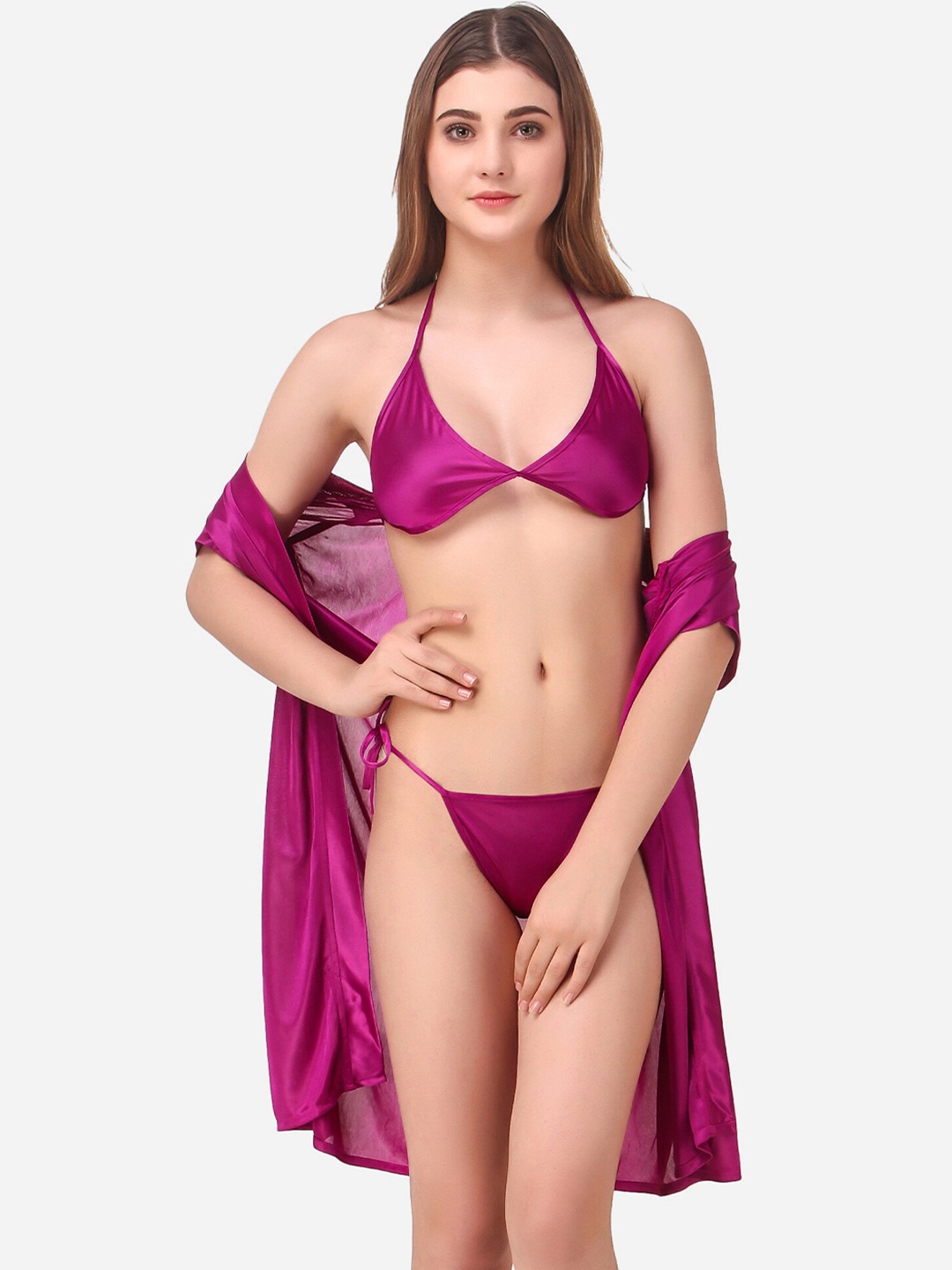 

Romaisa Magenta Solid Satin Above knee length Robe with Bra & Thong