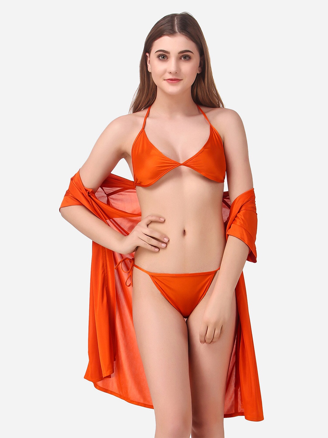 

Romaisa Orange Solid Satin Above knee length Robe With Bra & Thong