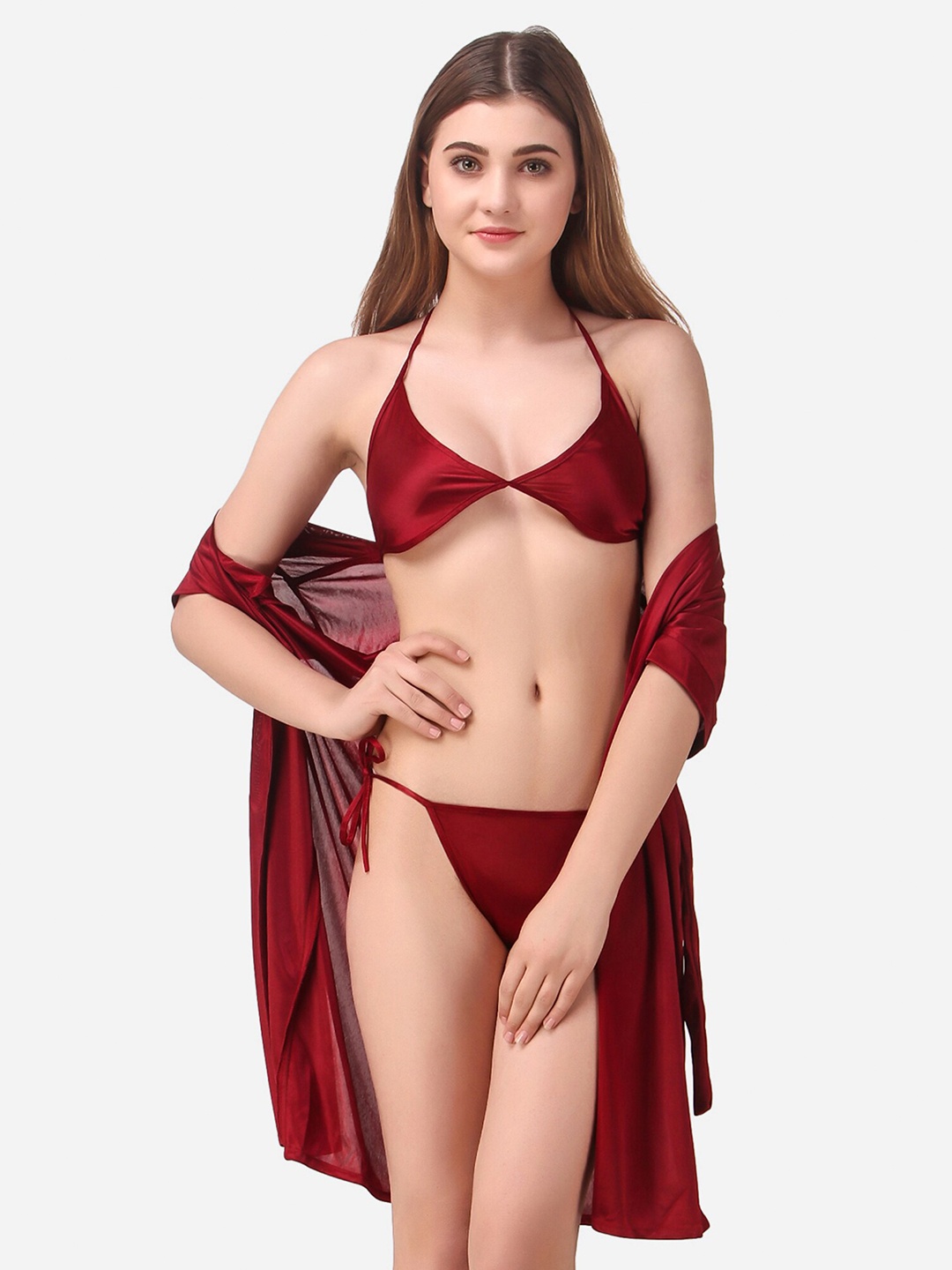 

Romaisa Maroon Solid Satin Above knee length Robe with Bra & Thong