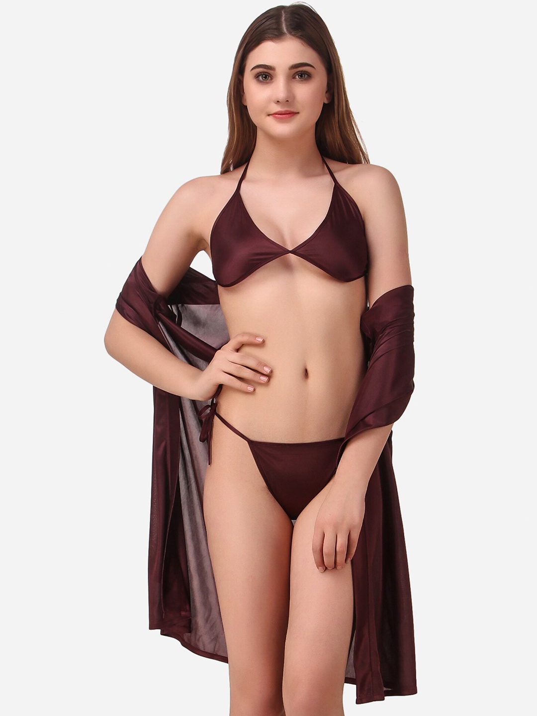 

Romaisa Brown Solid Satin Above knee length Robe with Bra & Thong