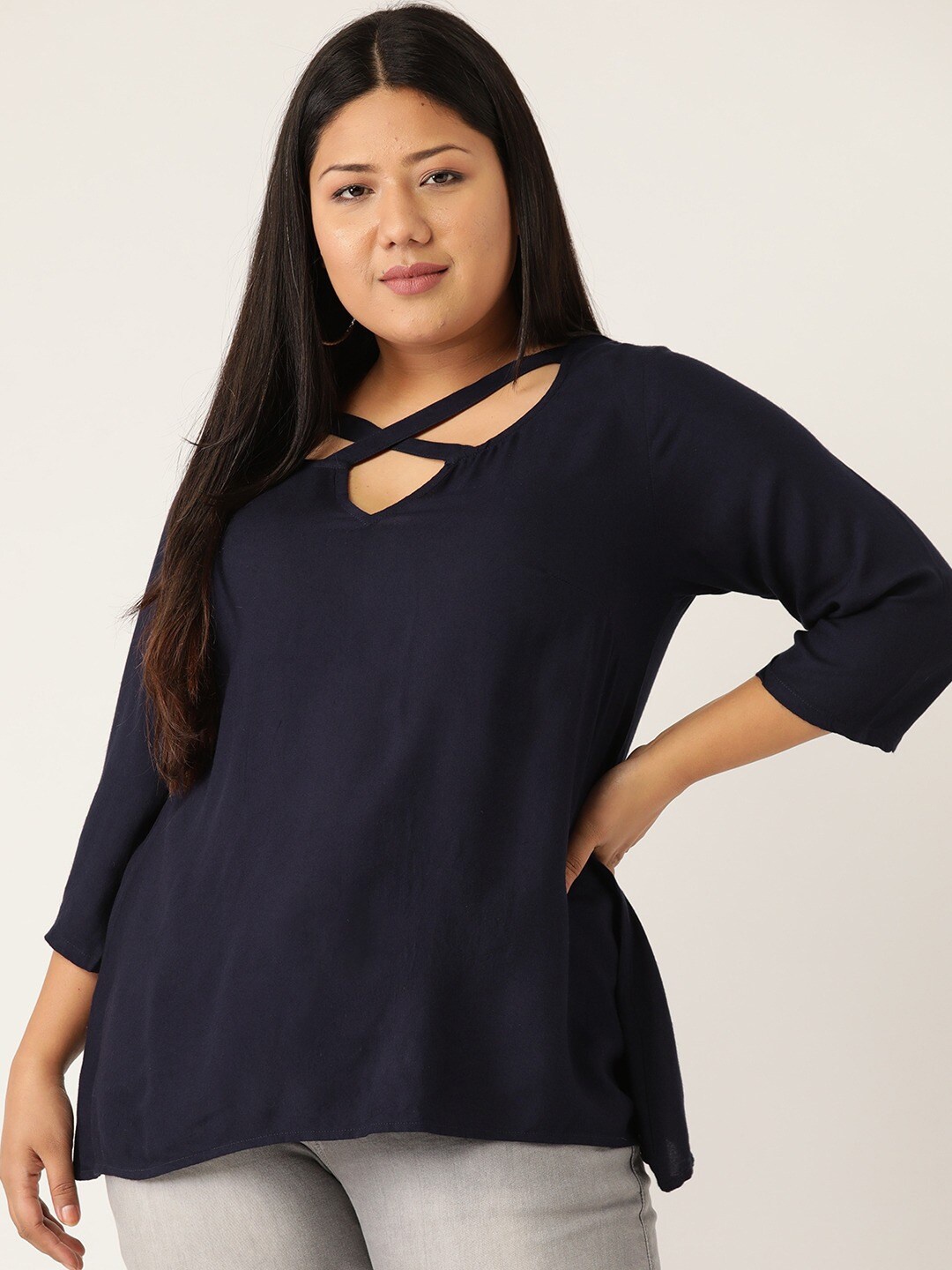 

theRebelinme Plus Size Women Navy Blue Keyhole Neck Top