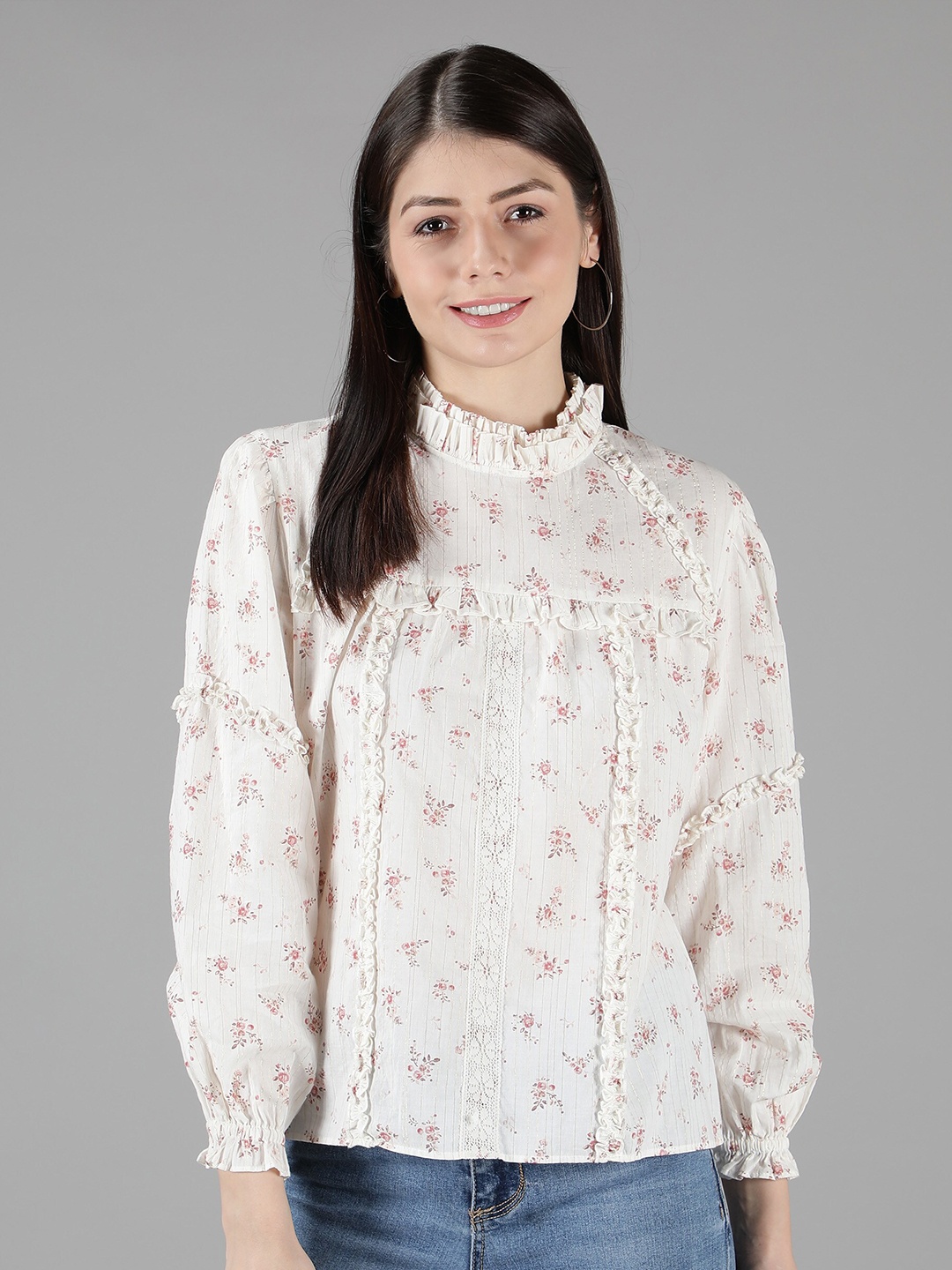 

Amagyaa Cream-Coloured Floral Print Bishop Sleeves Ruffles Top