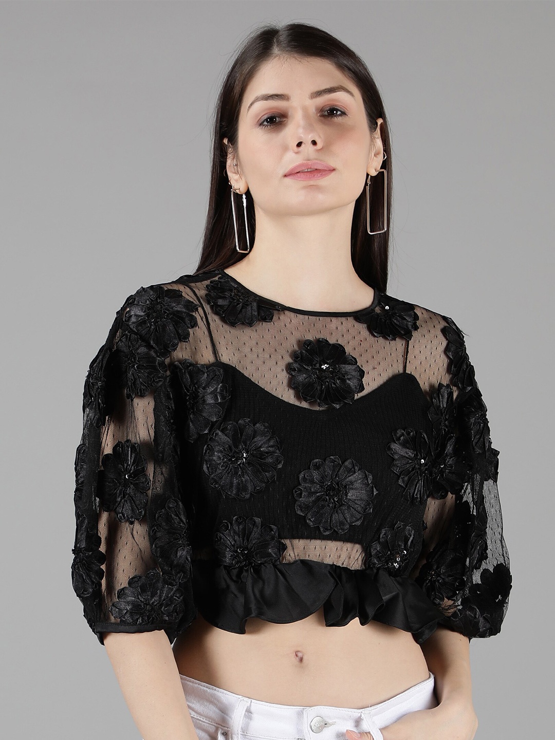 

Amagyaa Women Black Floral Embellished Sheer Net Peplum Crop Top