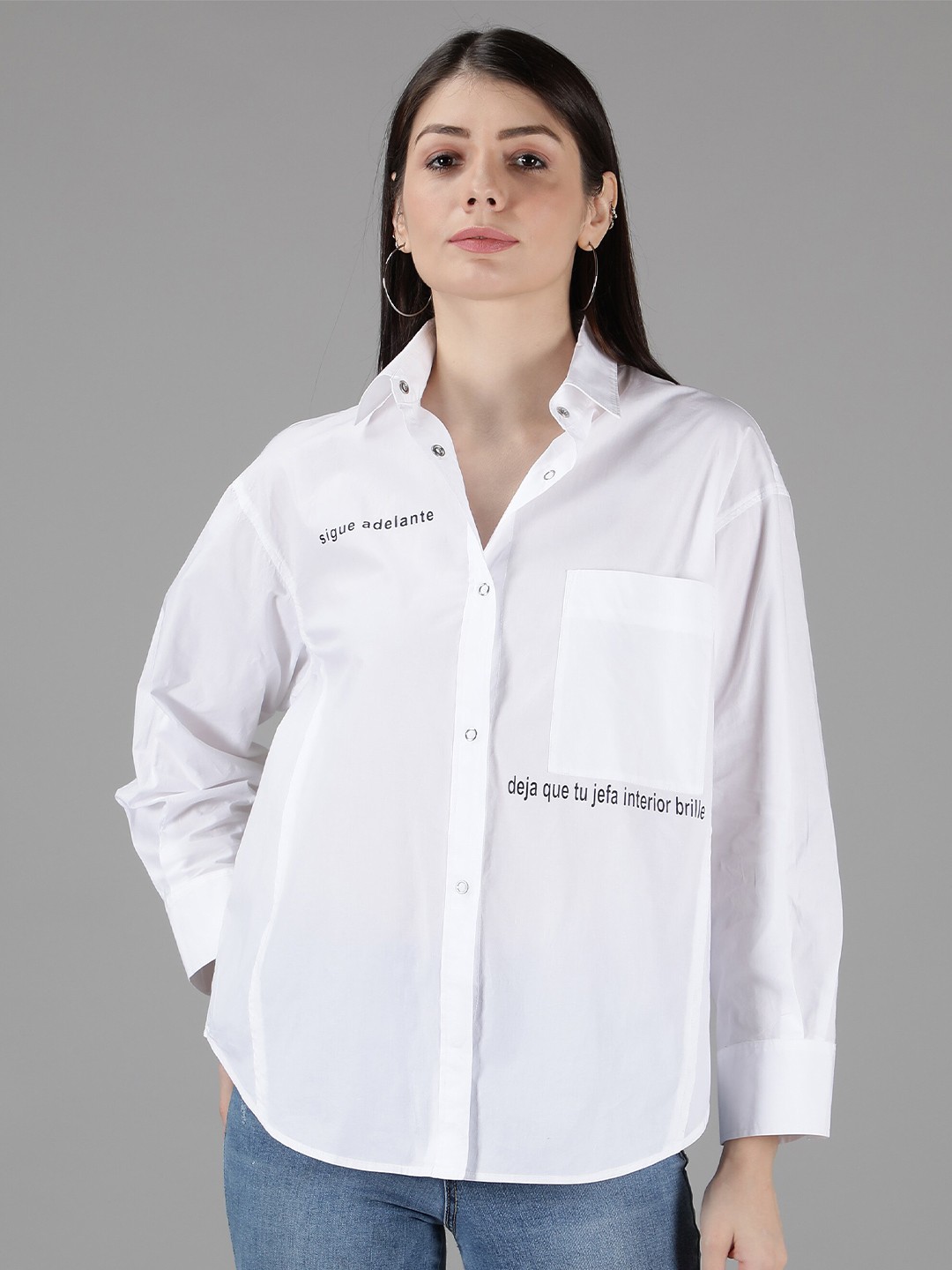 

Amagyaa Women White Placement Print Shirt Style Pure Cotton Top