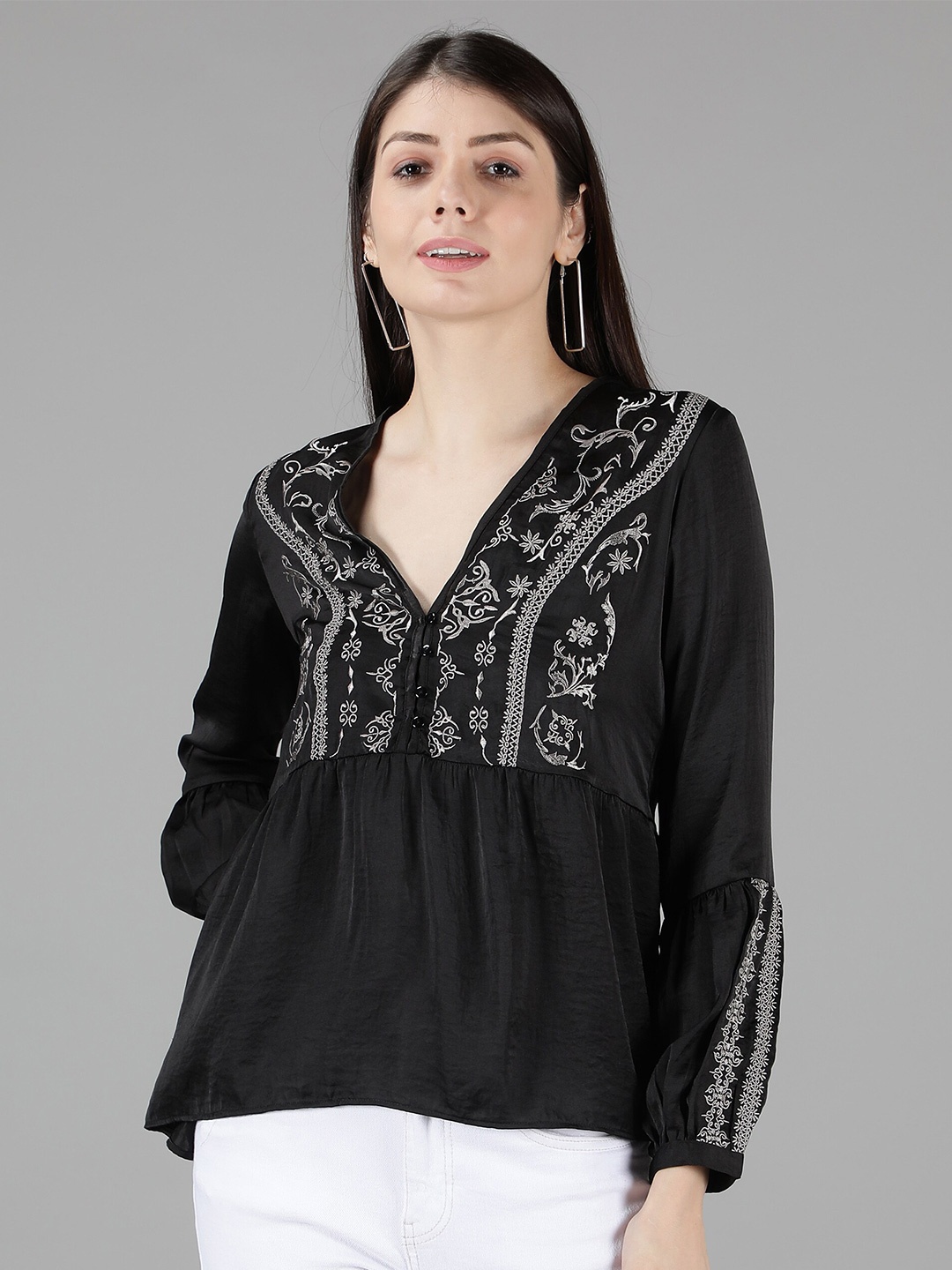 

Amagyaa Women Black Embroidered Bohemian Satin Peplum Top