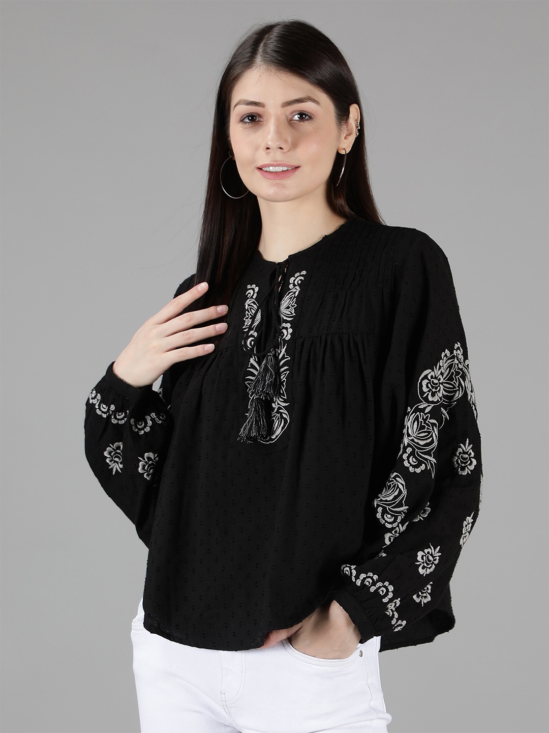 

Amagyaa Women Black Embroidered Tie-Up Neck Bohemian Empire Top