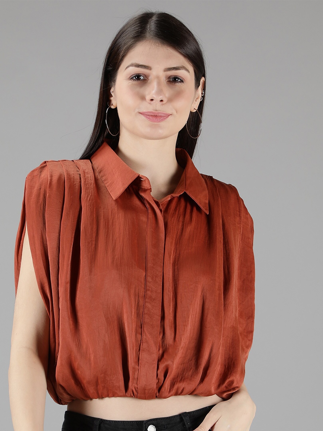 

Amagyaa Rust Extended Sleeves Accordion Pleats Satin Shirt Style Crop Top