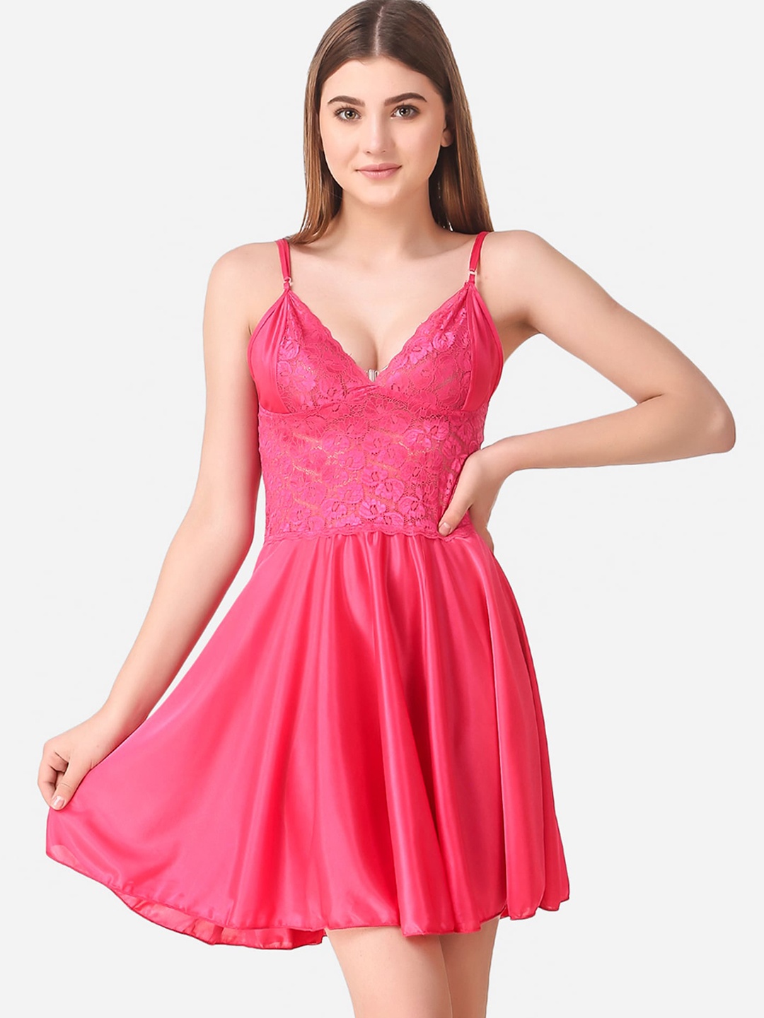 

Romaisa Pink Solid Satin Baby Dolls