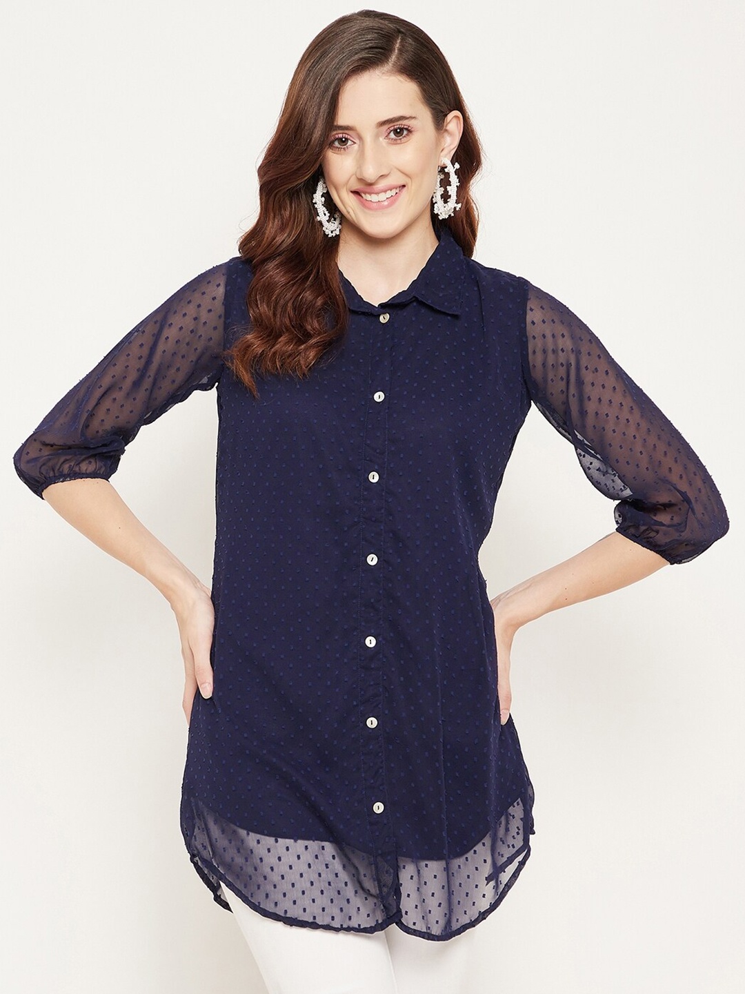 

Bitterlime Navy Blue Shirt Collar Tunic